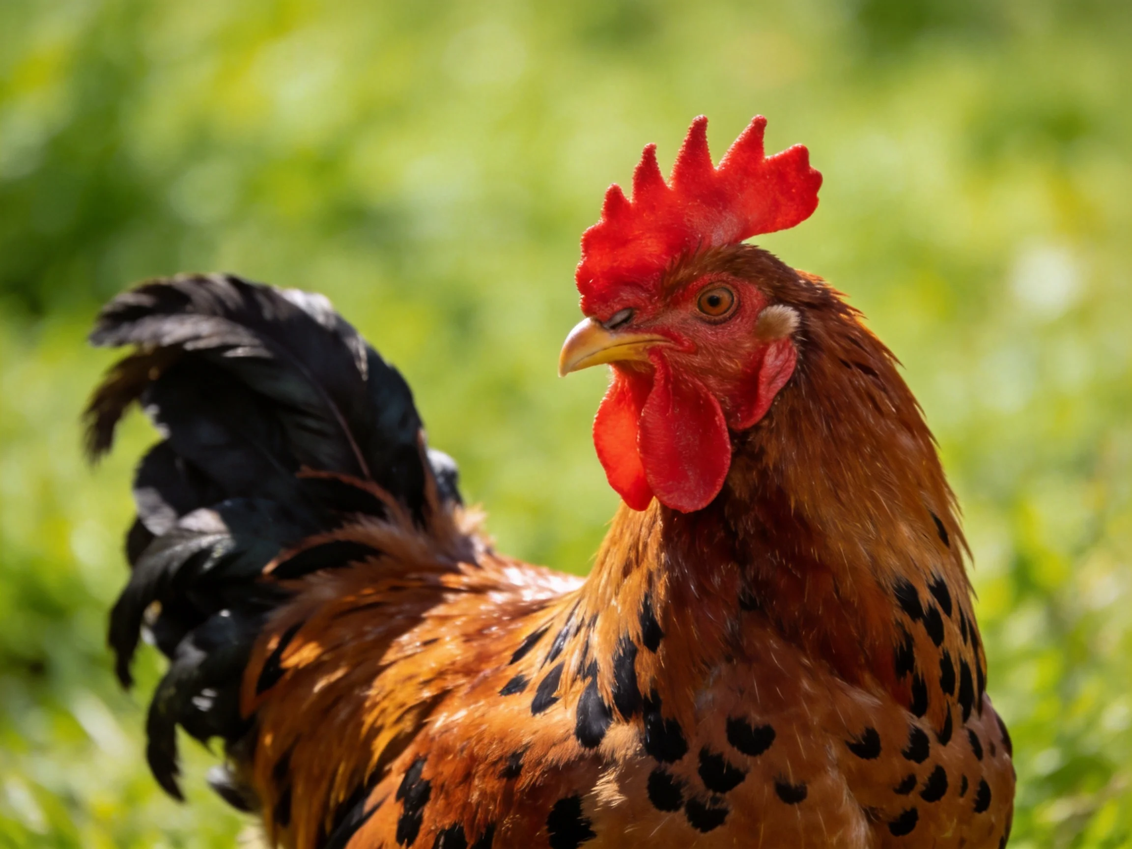 A rooster with red comb, brown spotted feathers, in a sunlit green field