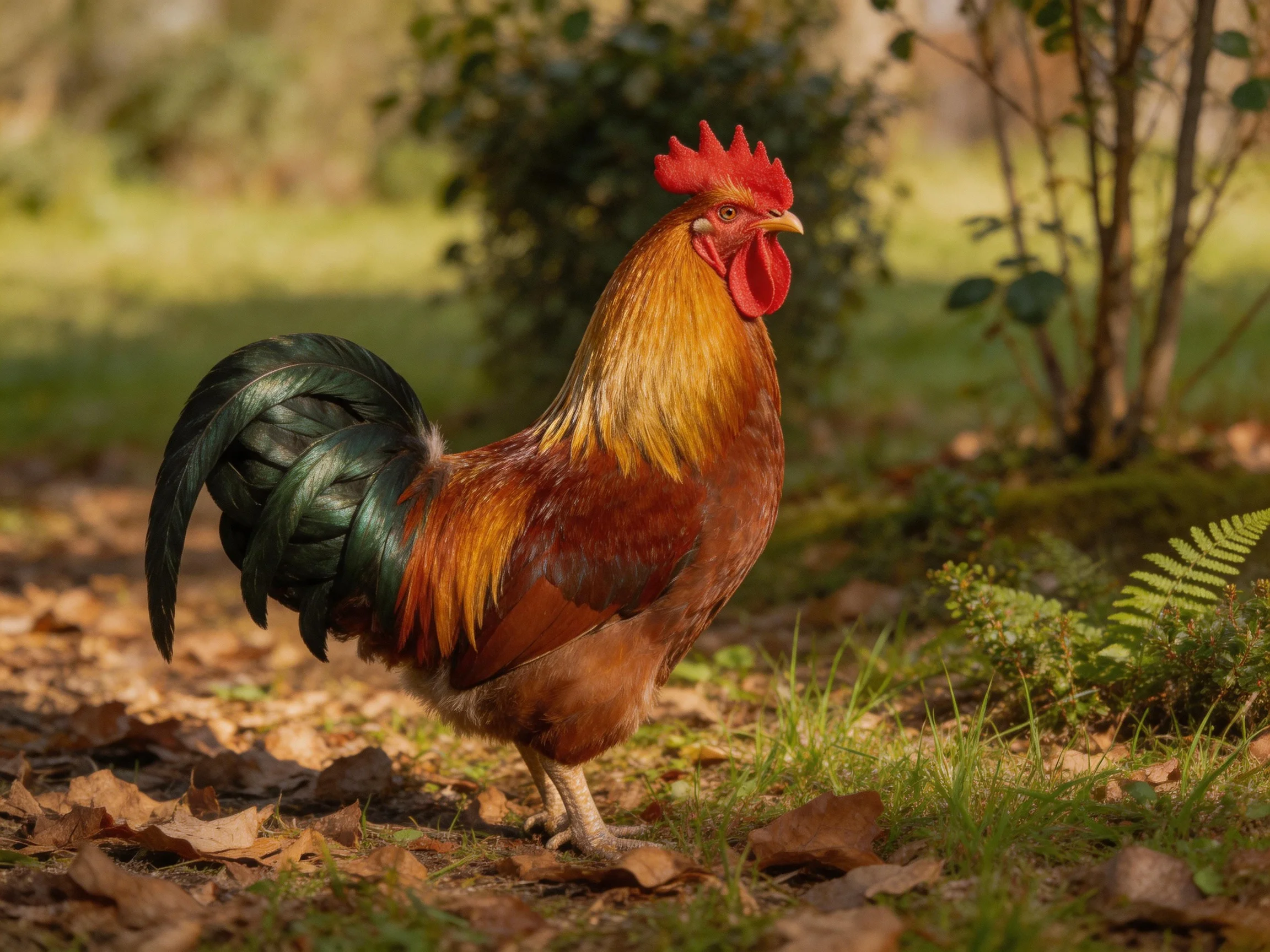 A rooster with colorful plumage moves through foliage and dry leaves in a sunlit outdoor area.