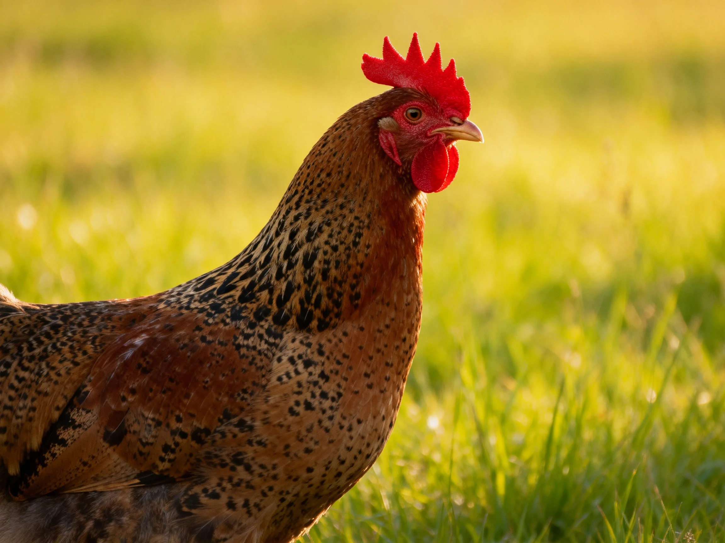 A rooster with red comb in sunlit green field