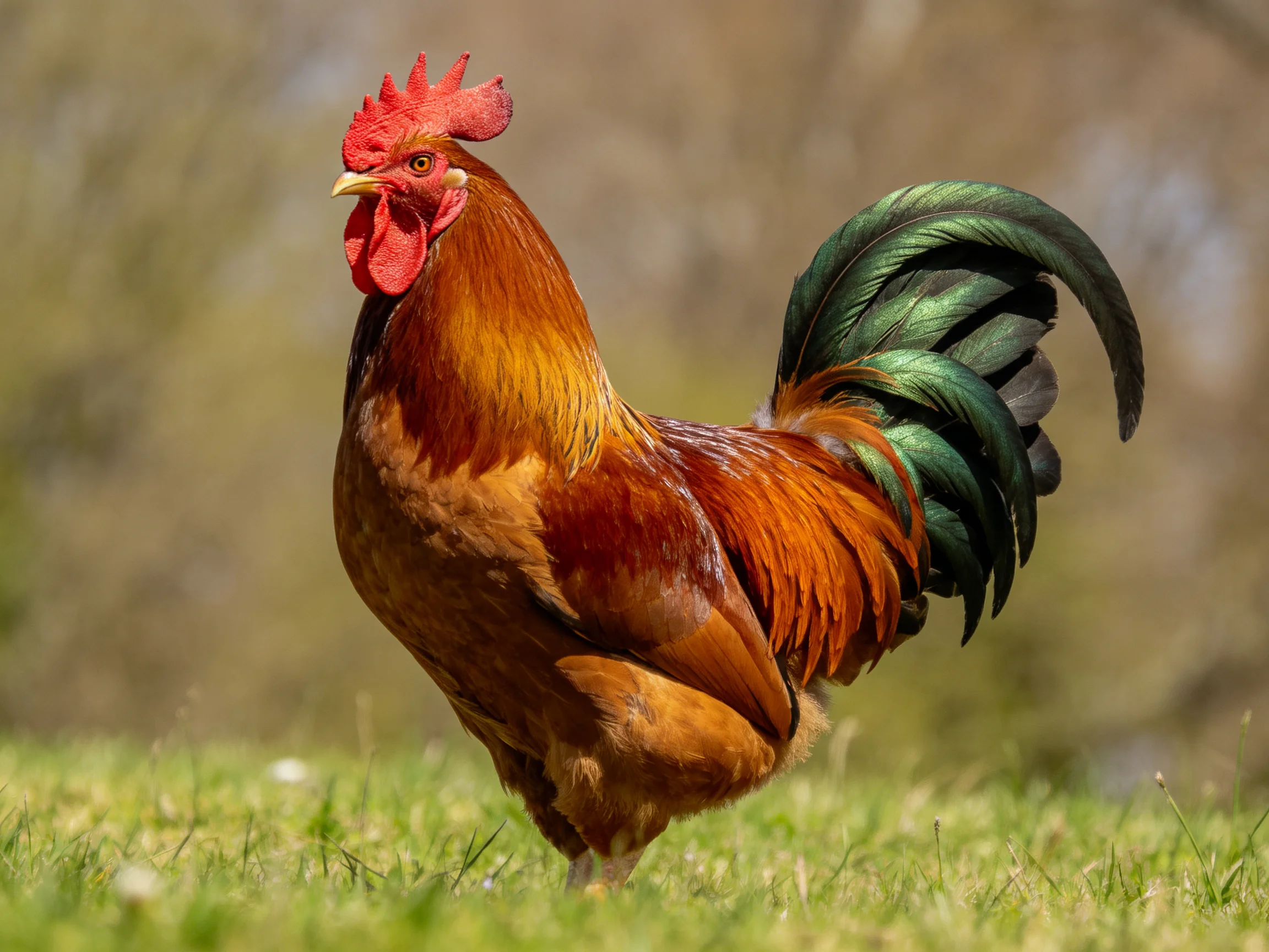 A rooster with red comb, iridescent green tail, and golden-brown plumage stands on grass