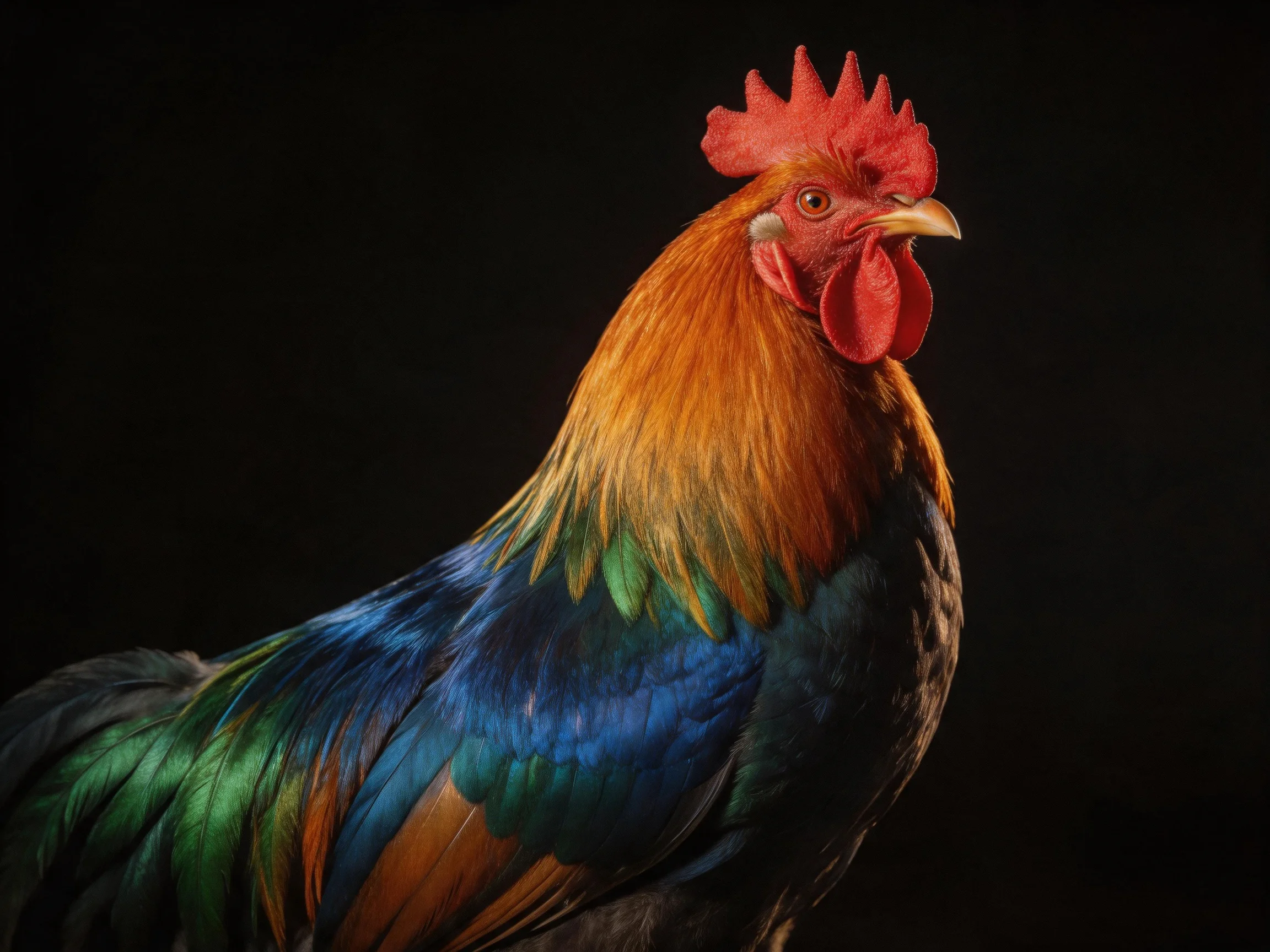 A rooster with red comb, orange neck, and iridescent blue-green feathers against black