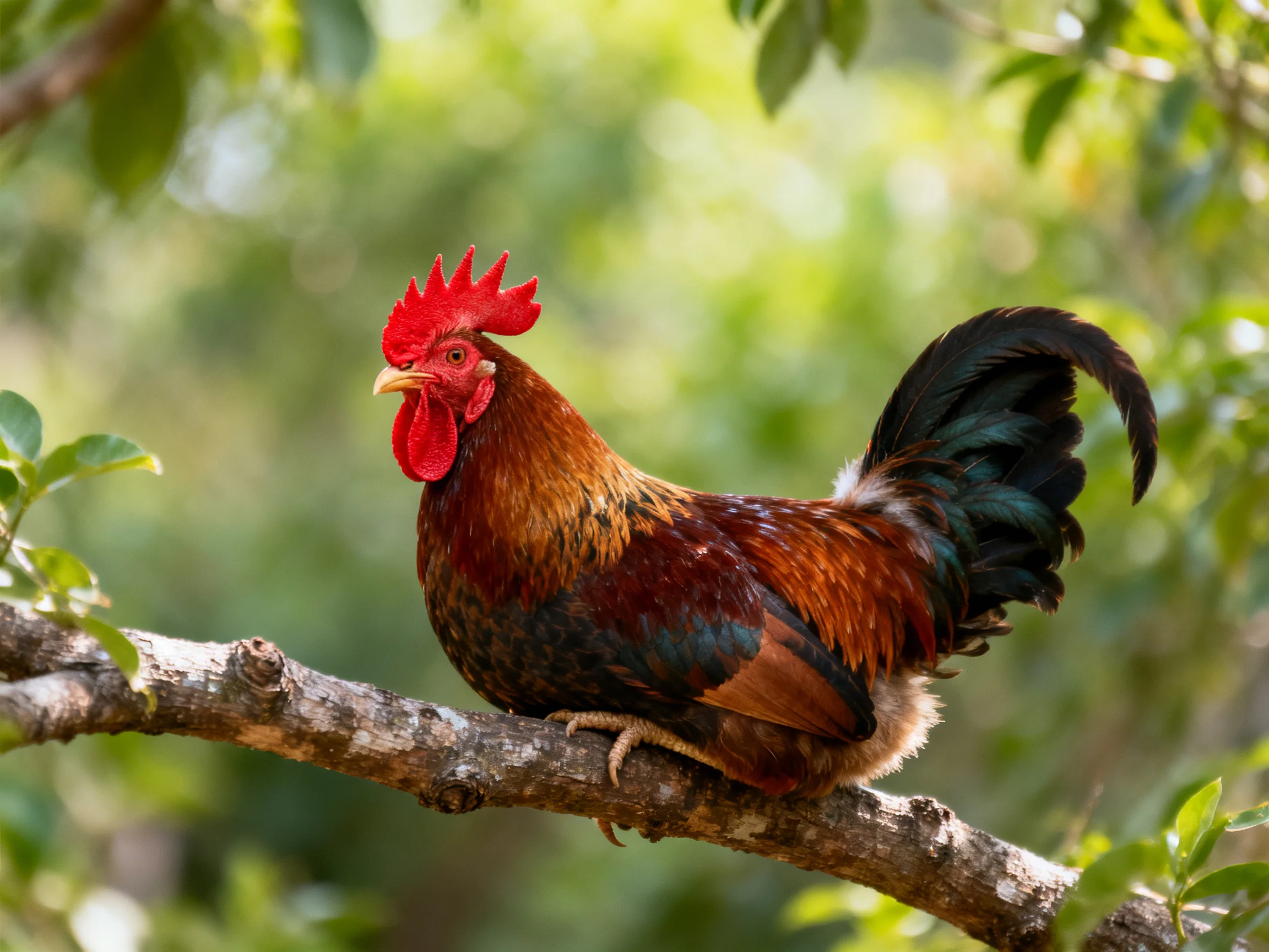 A rooster with red comb perched on a gnarled tree branch