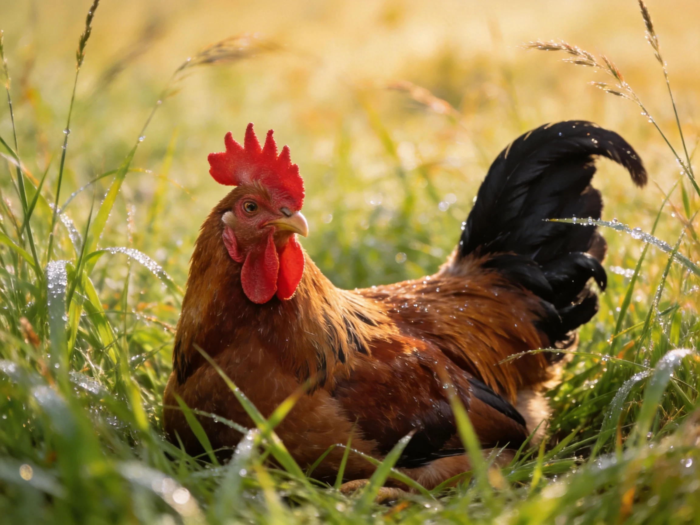 A rooster with red comb rests in dewy green grass