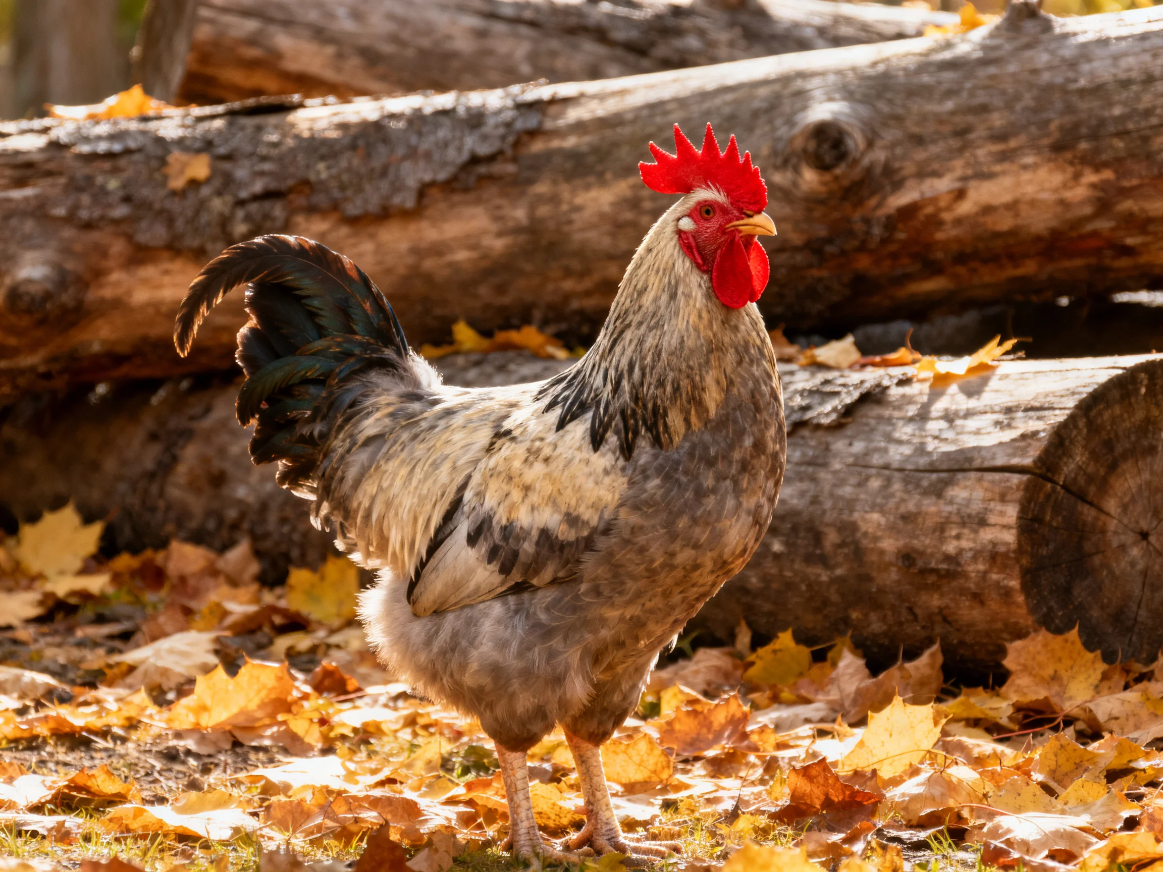 A rooster with red comb standing among fallen autumn leaves near stacked logs