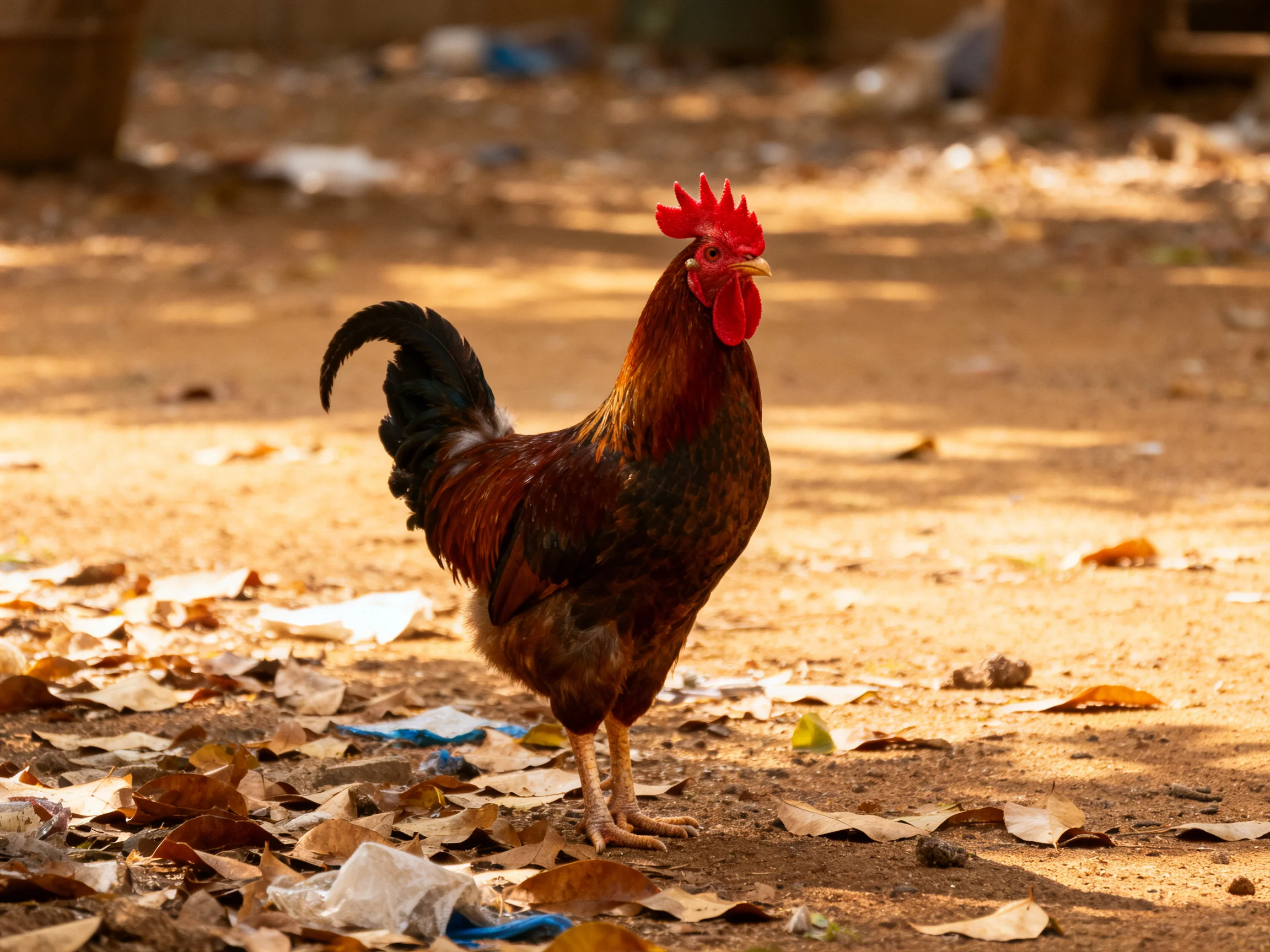 A rooster with red comb stands on a leaf-strewndirt path in sunlight.