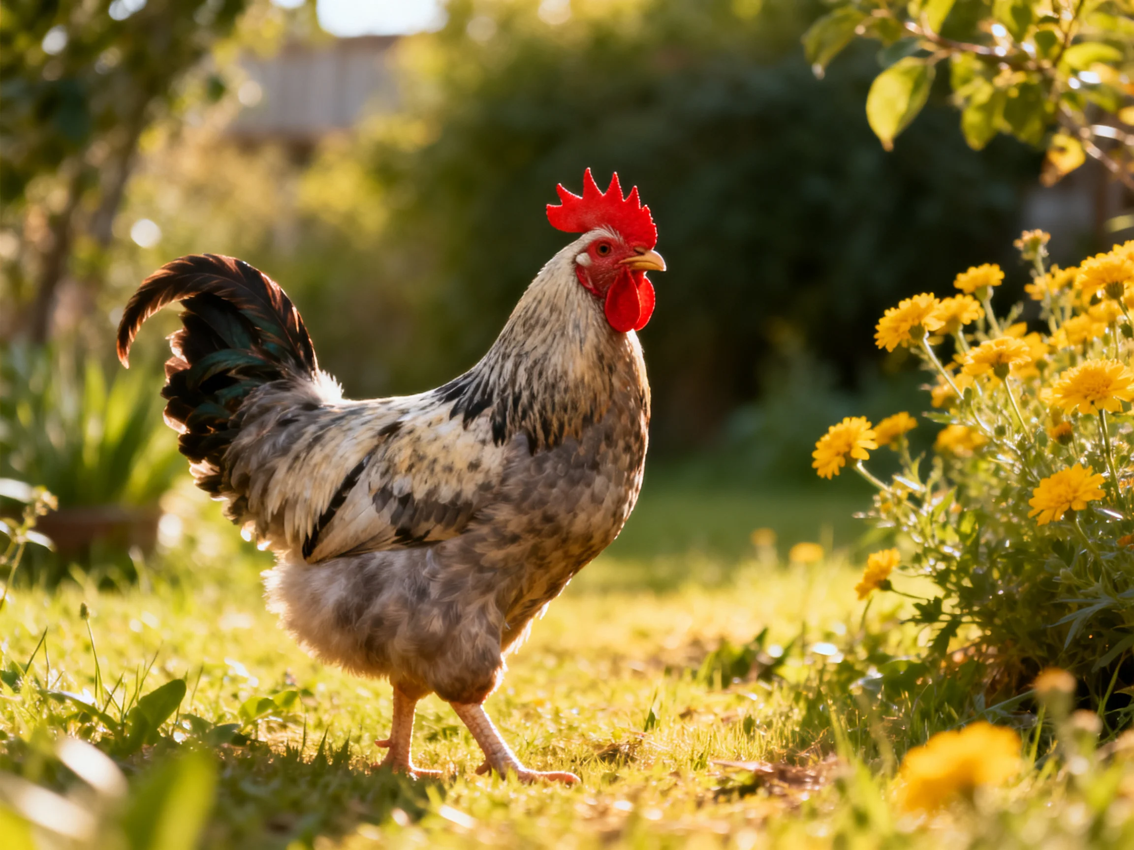 A rooster with red comb walking near vibrant yellow flowers in a sunlit garden