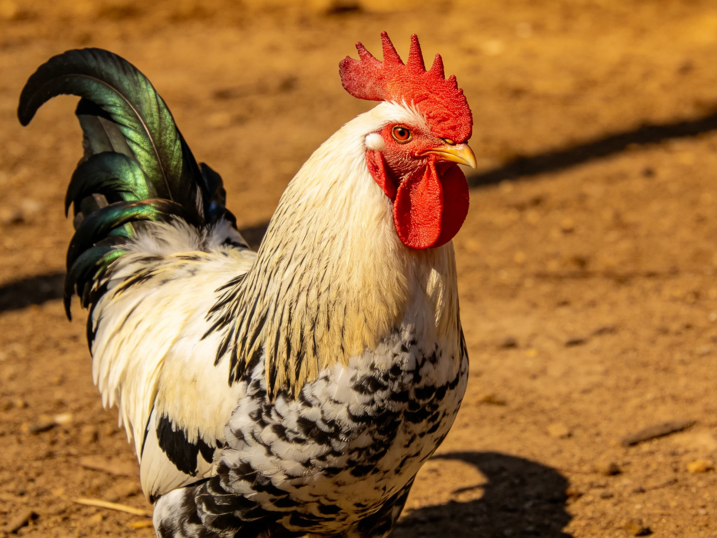 A rooster with red comb, white body, black markings, and iridescent green tail