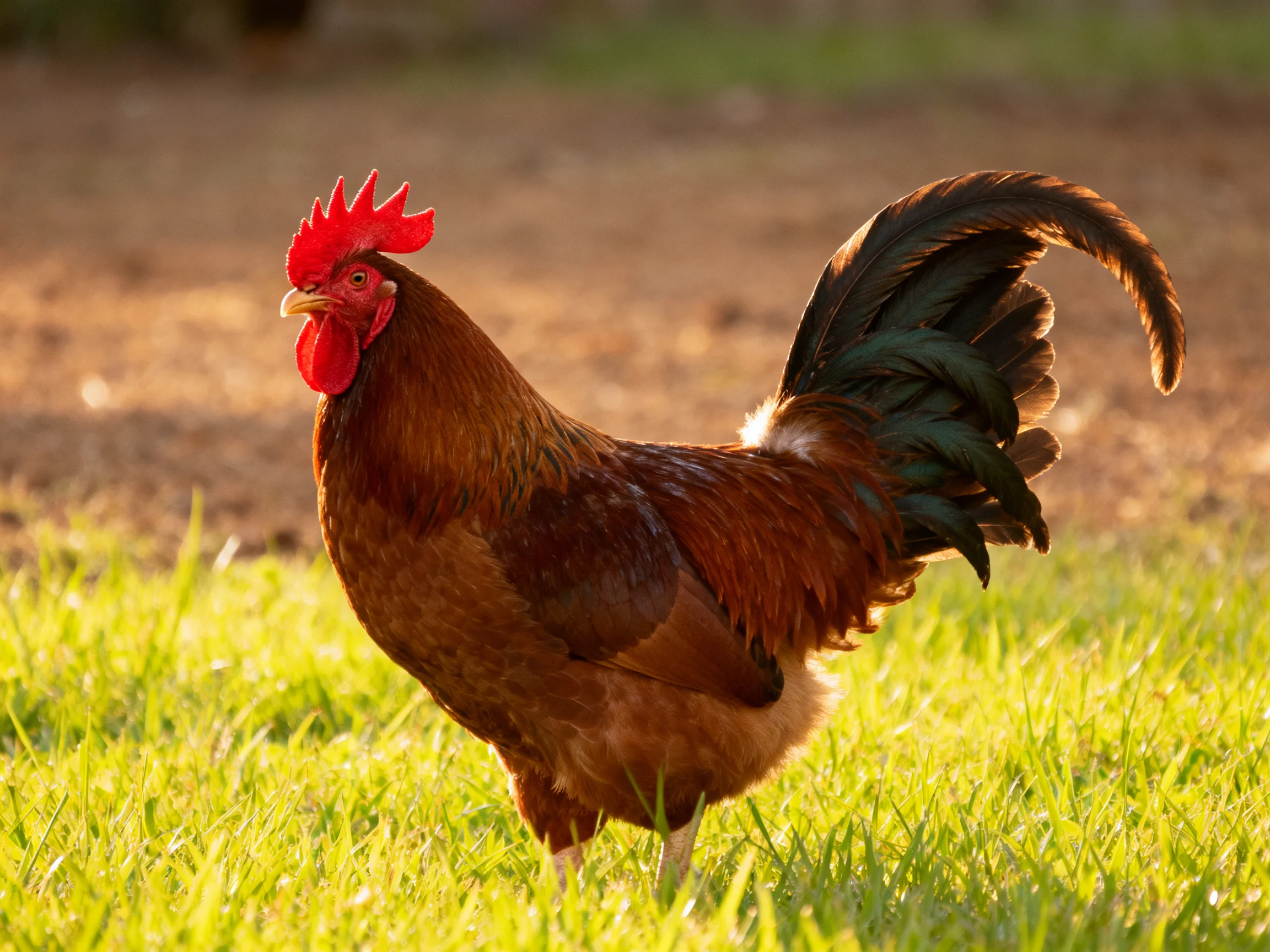 A rooster with reddish-brown feathers and dark tail stands on sunlit grass