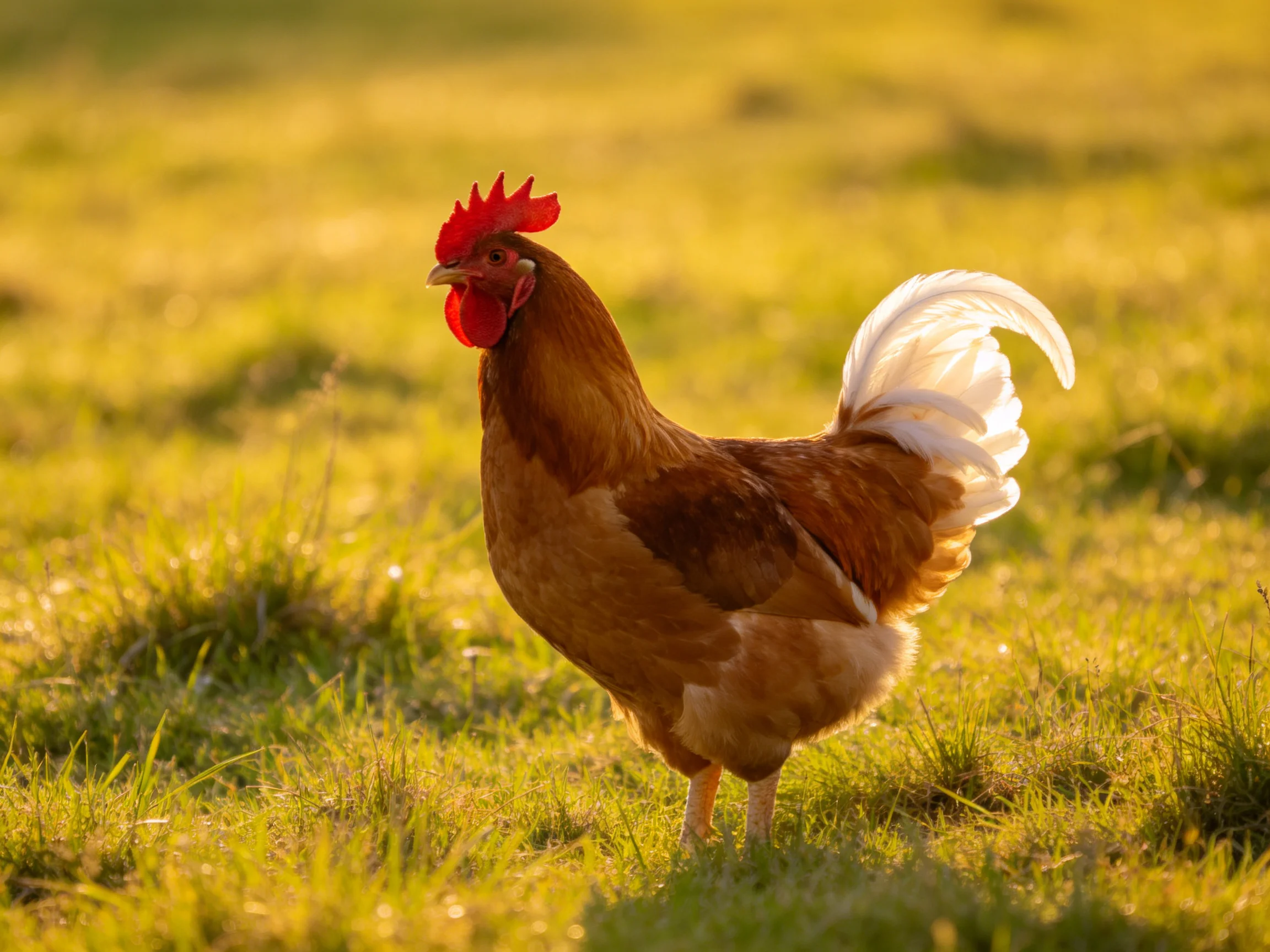 A rooster with reddish-brown feathers and white tail in a sunlit meadow