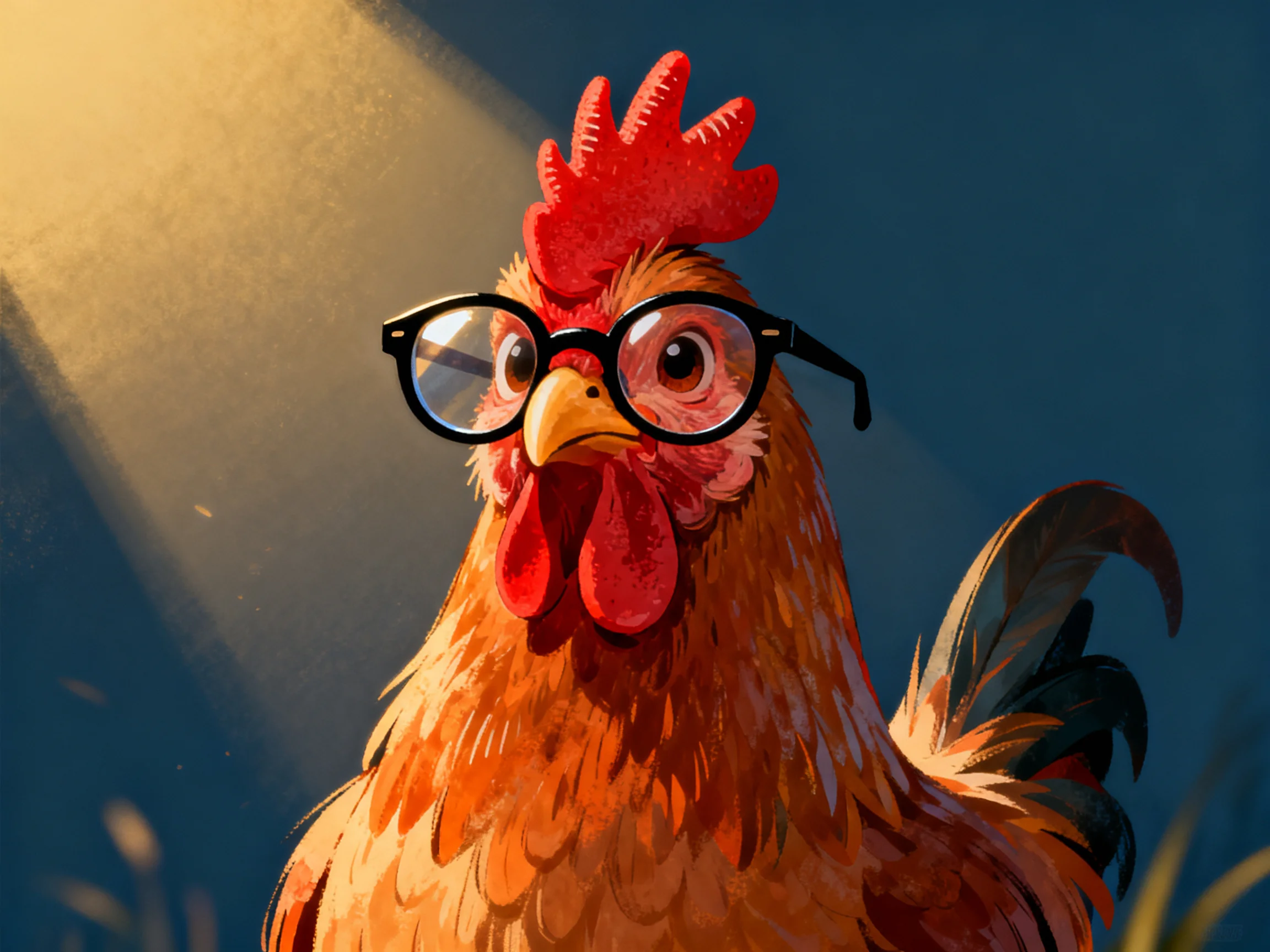 A rooster with round black glasses in rich brown plumage