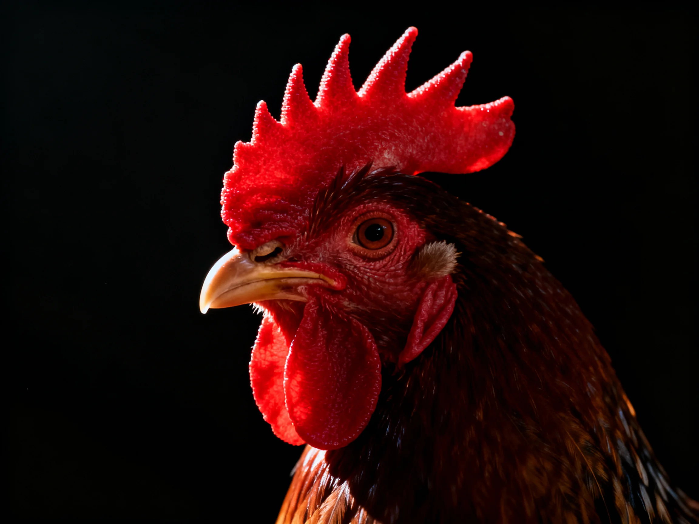 A rooster with striking red comb and wattles, dark brown feathers, on black background