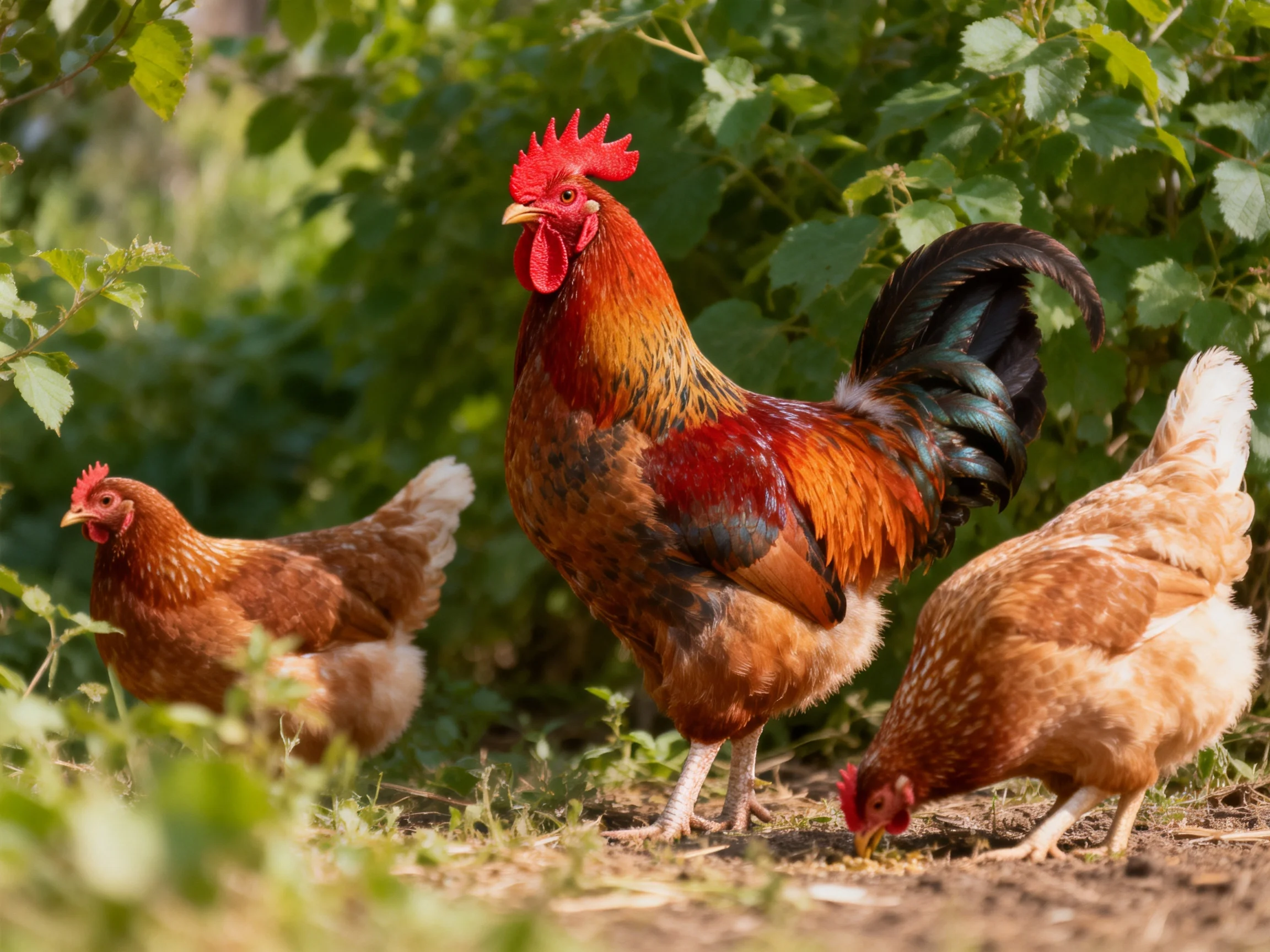 A rooster with two hens forages near lush green foliage