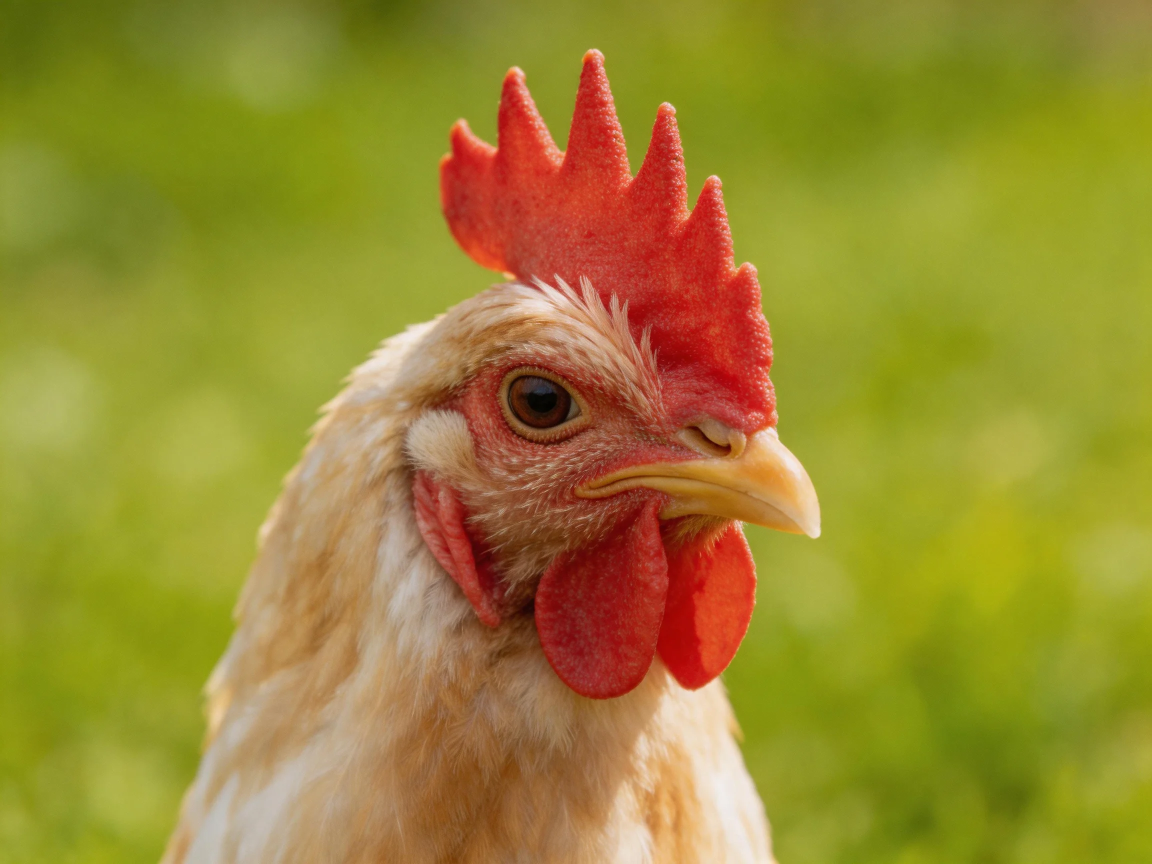 A rooster with a red comb and beige feathers is shown up close against a blurred green background.