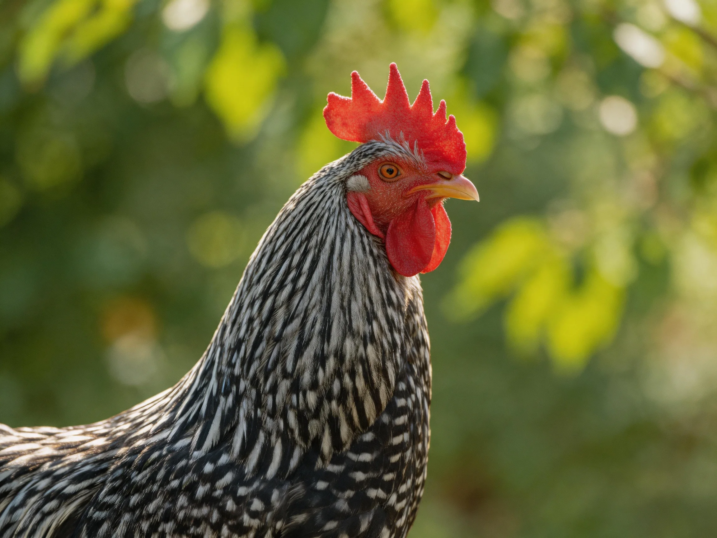 A rooster with a bright red comb stands out against sunlit greenery.