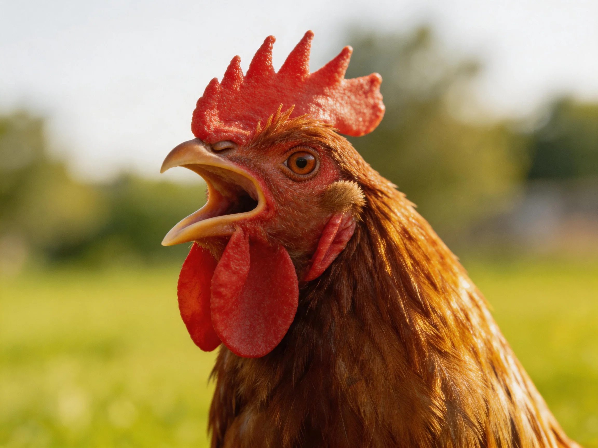 A rooster with an open beak stands in a sunlit green field.