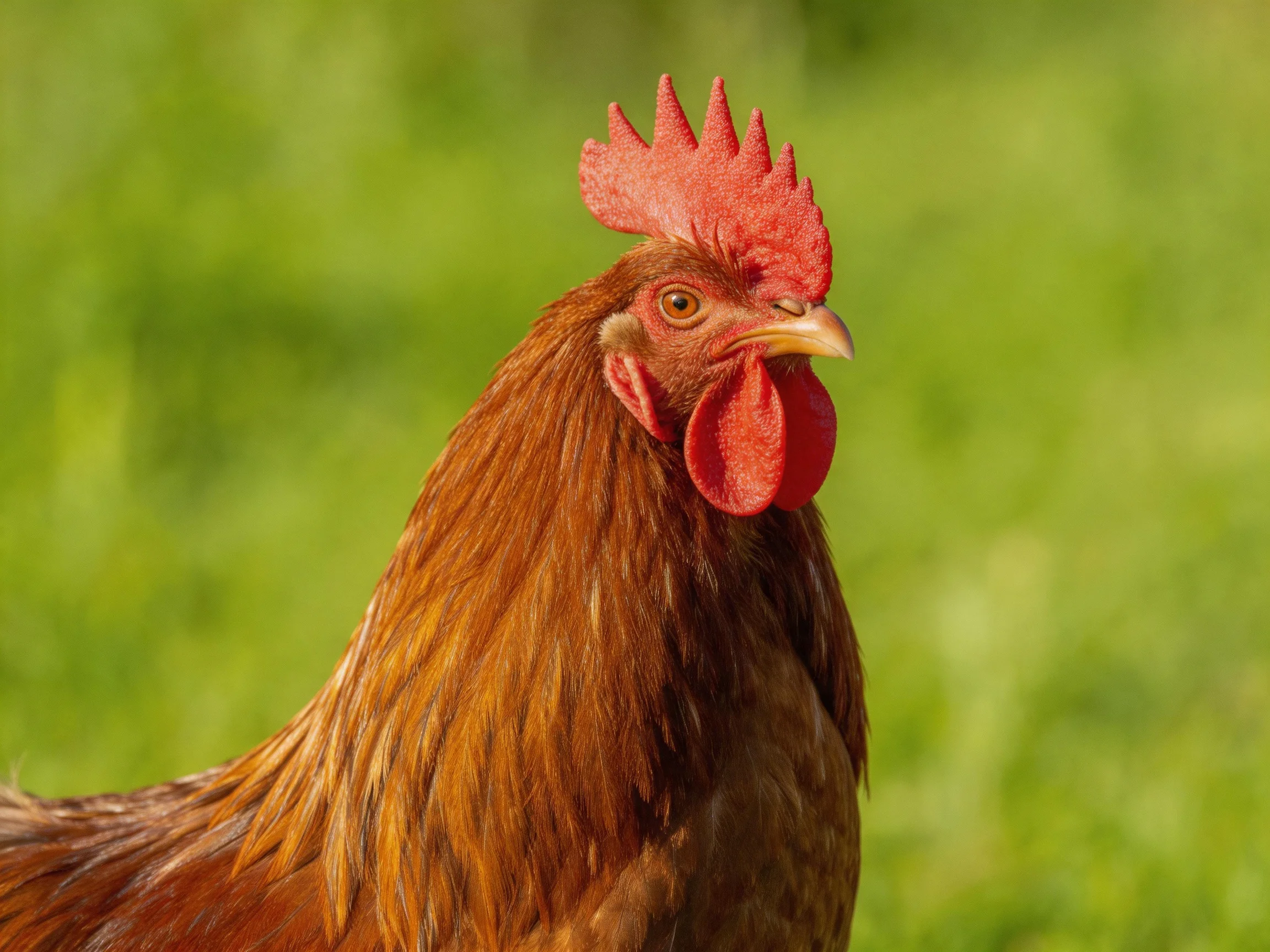 A rooster with vibrant red comb and brown plumage in a green outdoor setting