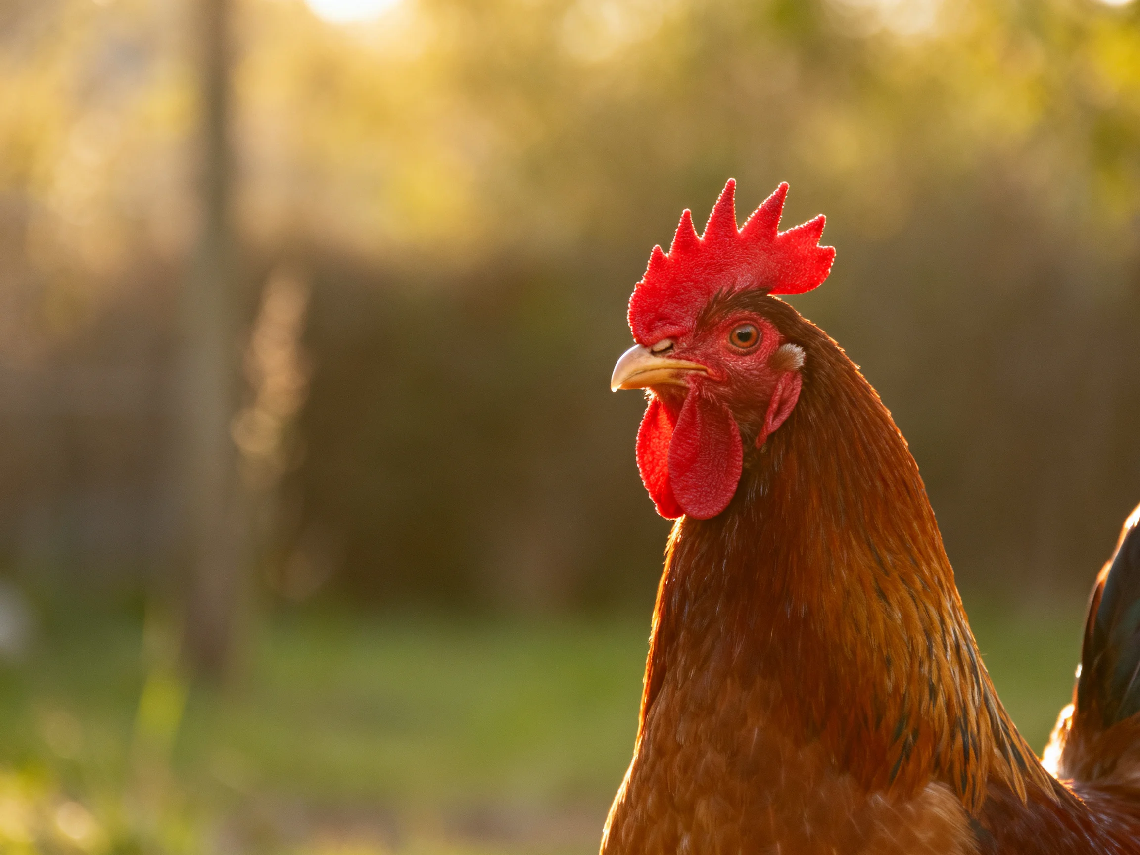 A rooster stands in a sunlit farm setting with blurred surroundings.