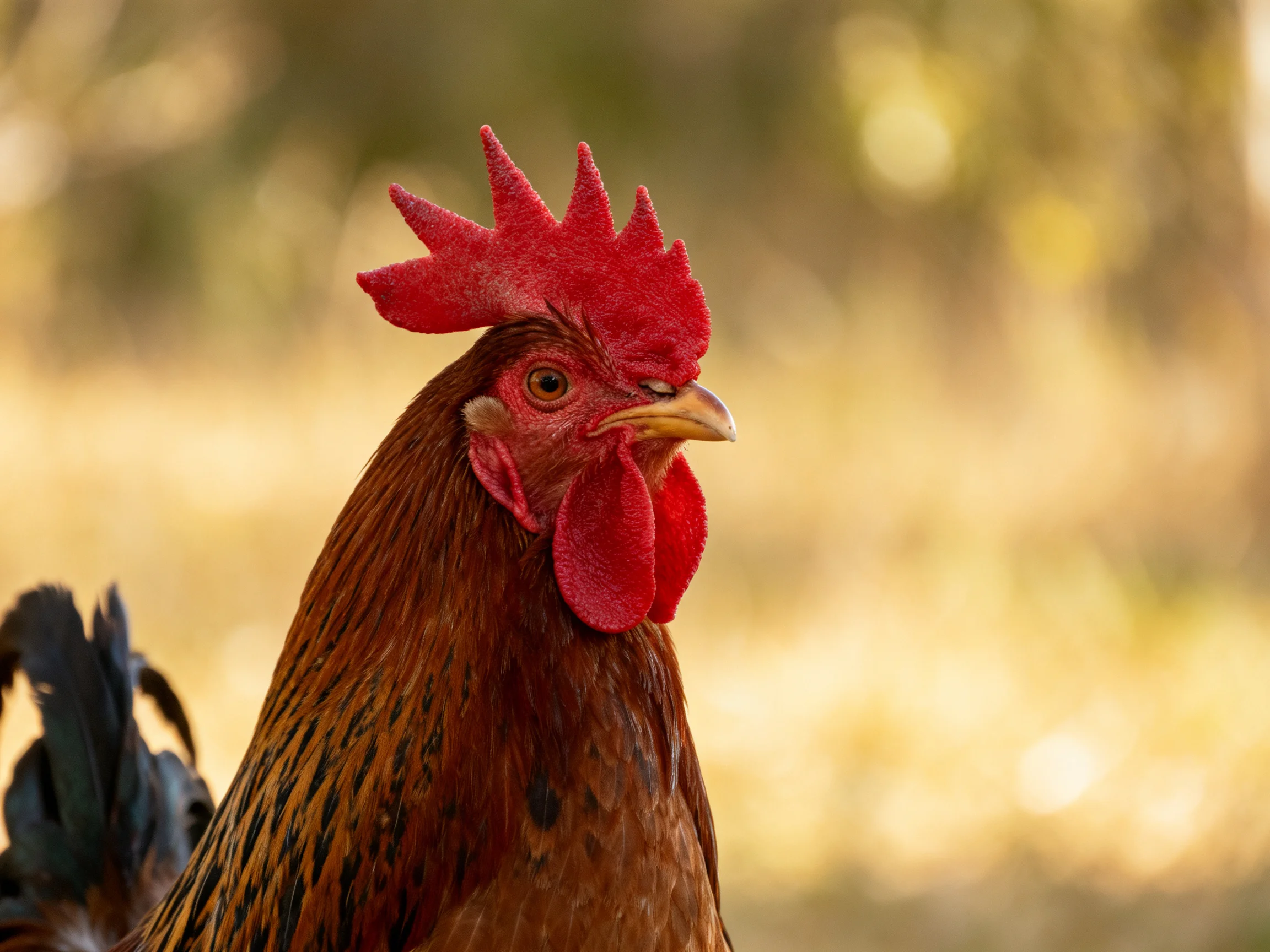 A rooster with a bright red comb is shown outdoors under soft natural light.