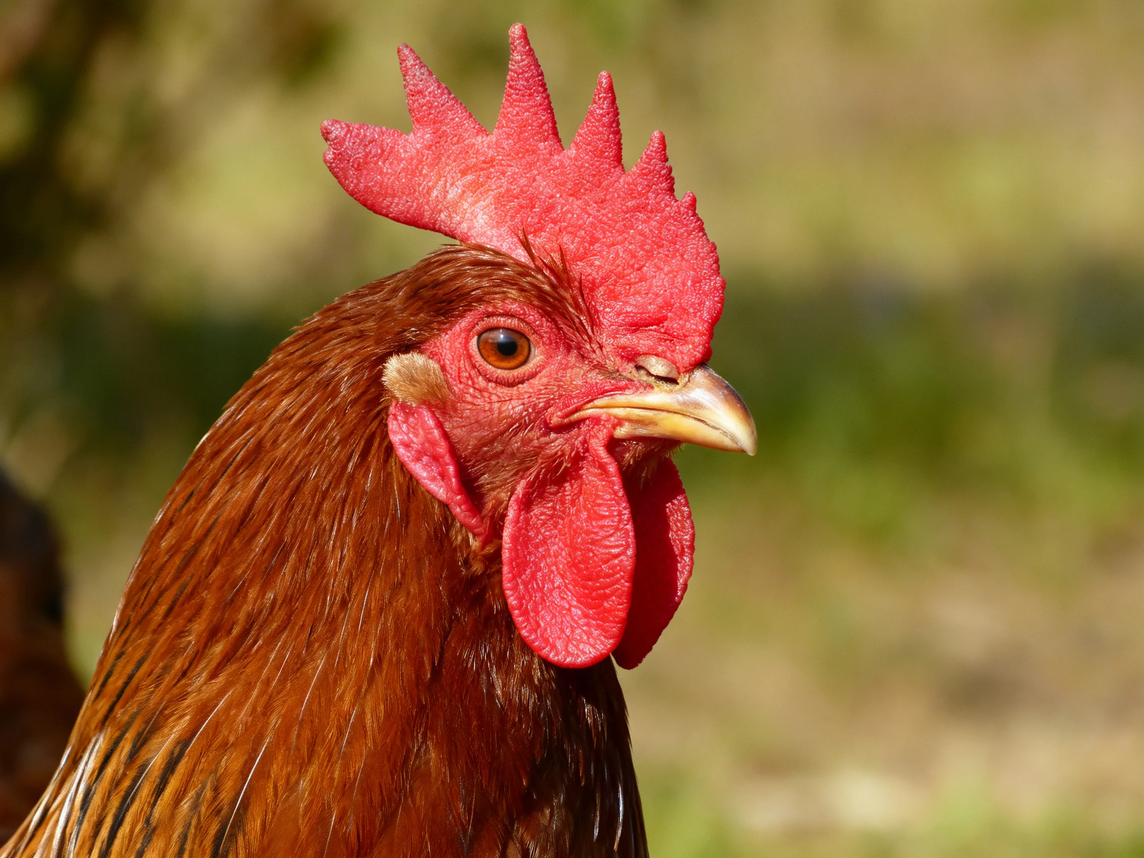 A rooster with vibrant red comb and brown plumage in natural light