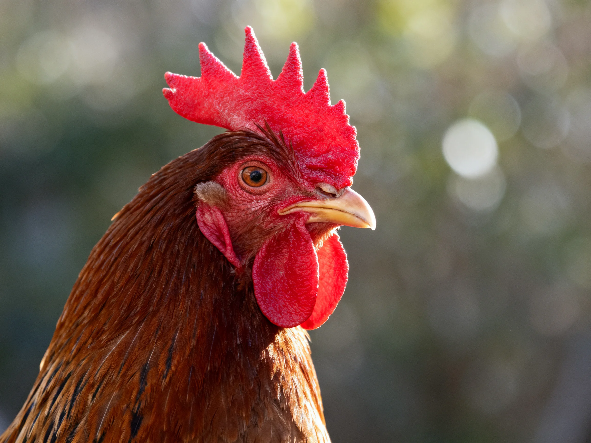A rooster featuring a bright red comb and brown feathers is positioned against a softly blurred natural backdrop.