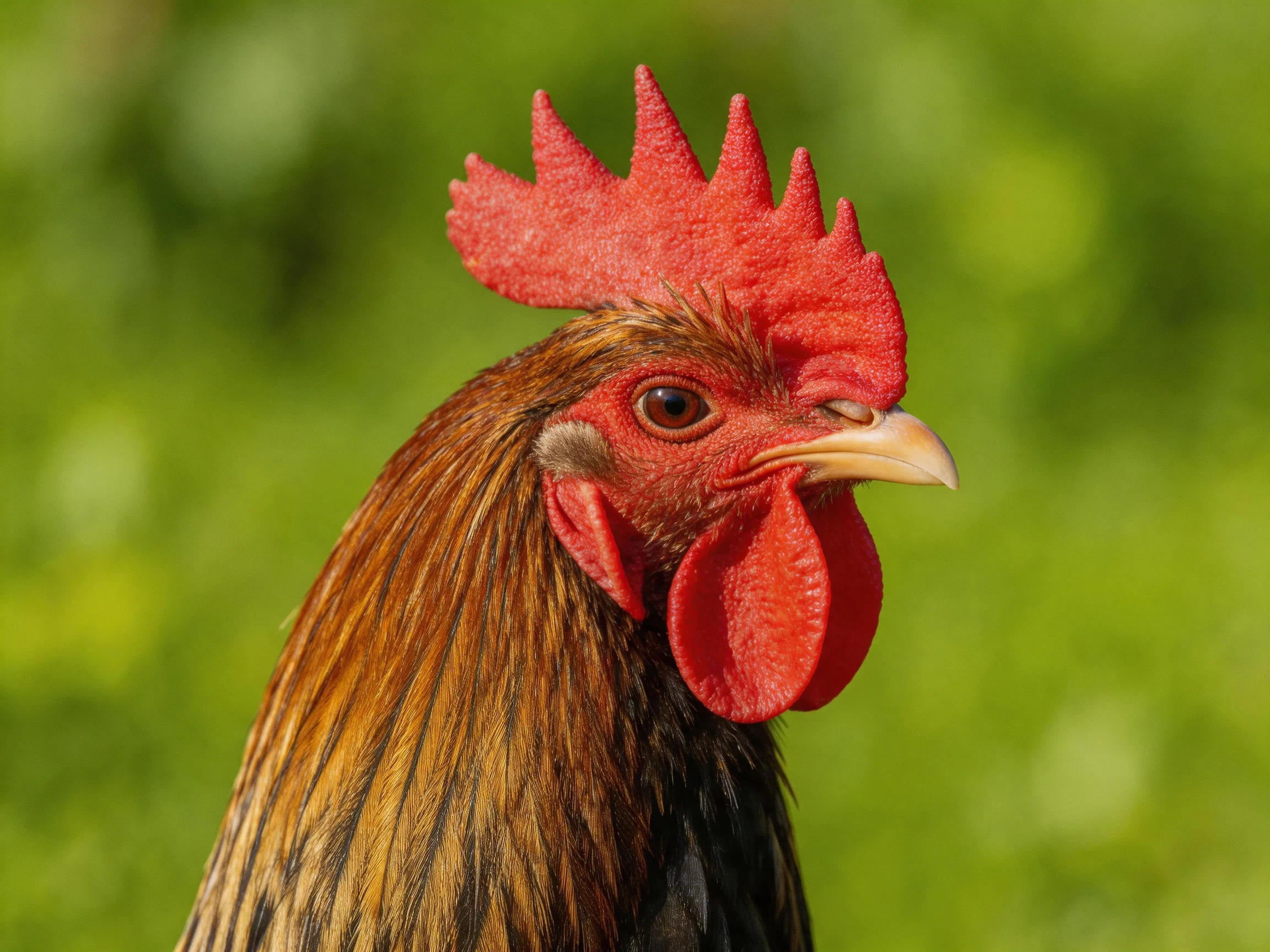 A rooster with a bright red comb stands out against a softly focused green background.