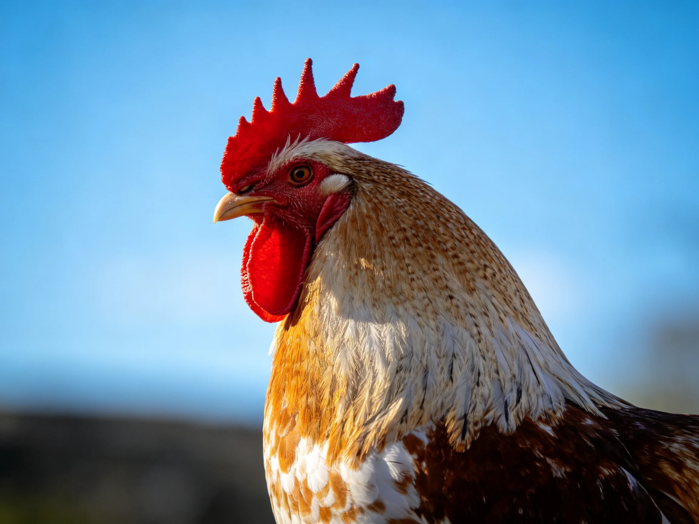 A rooster with colorful plumage stands out against a clear blue sky.