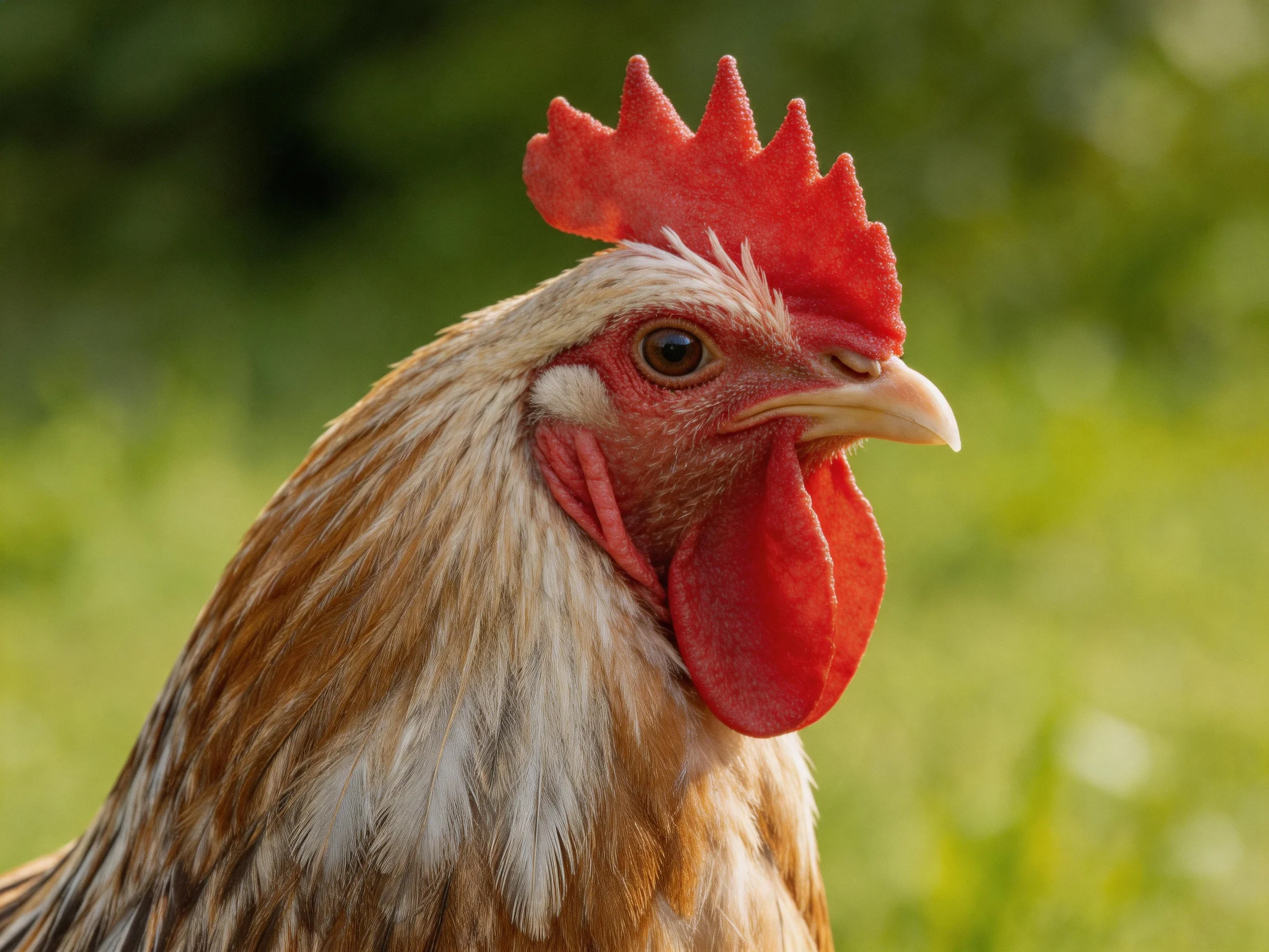 A rooster with vibrant red comb and brown-white plumage in a lush green outdoor setting