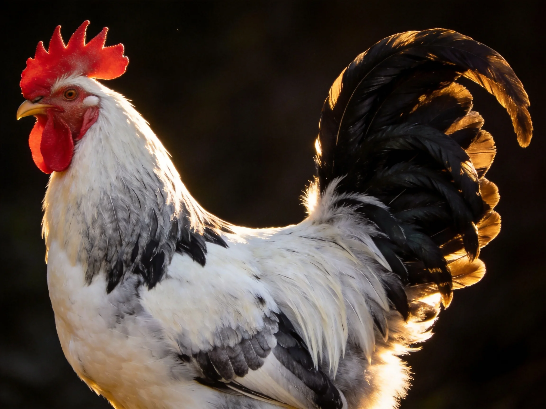 A rooster with vibrant red comb and contrasting black-and-white plumage