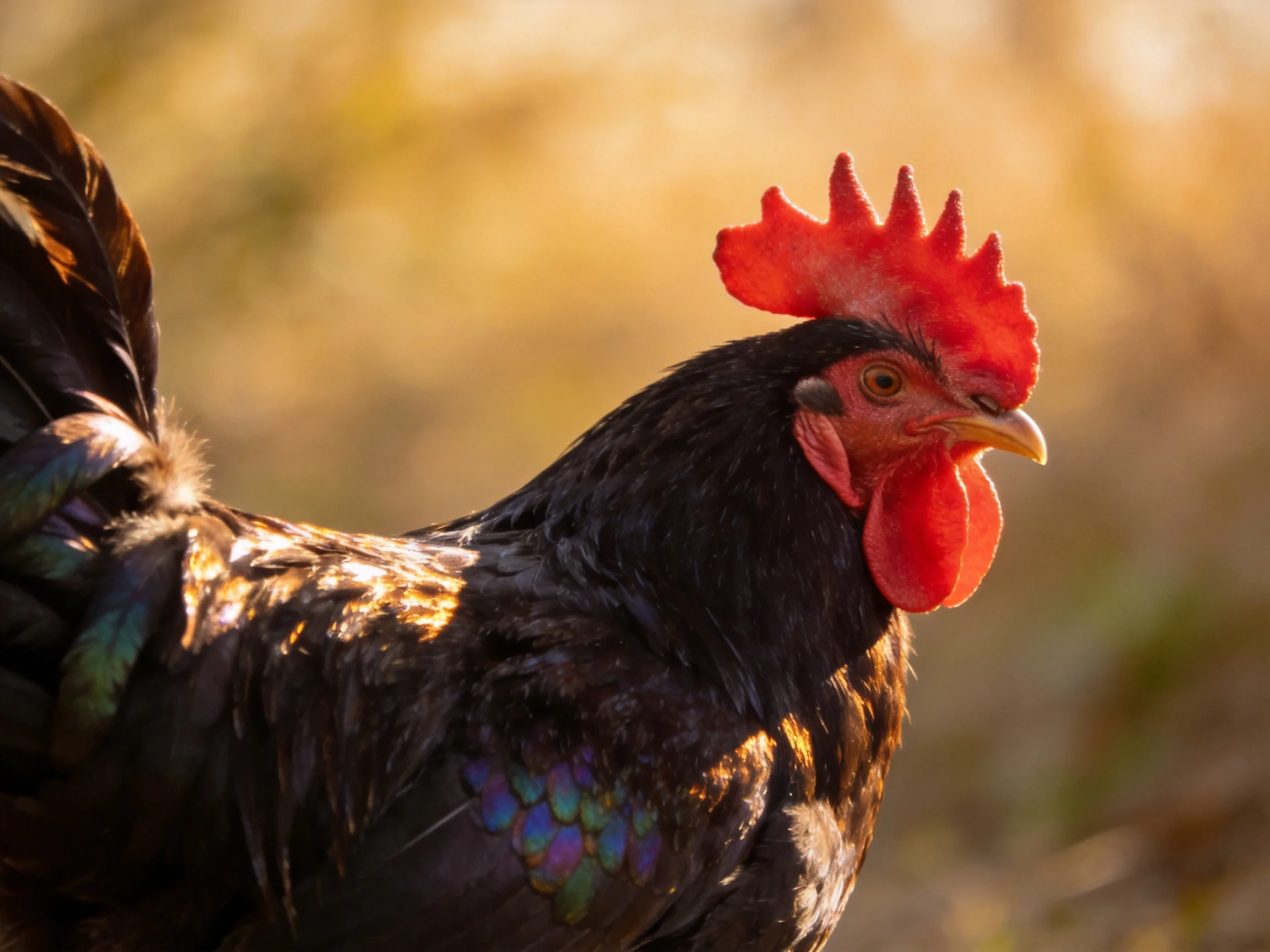 A rooster with a bright red comb is illuminated by sunlight in a natural setting.