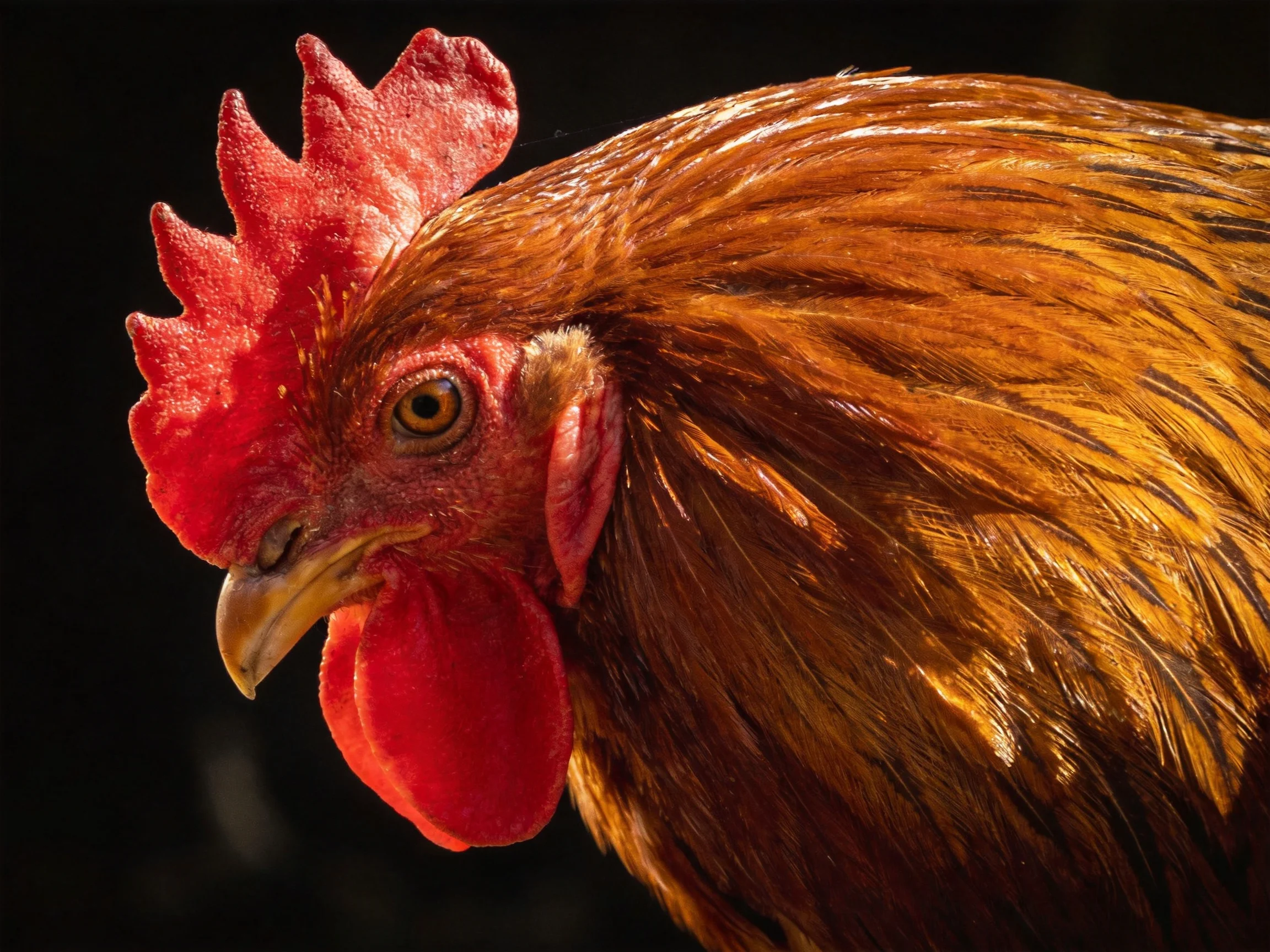 A rooster with a bright red comb is highlighted against a dark backdrop.