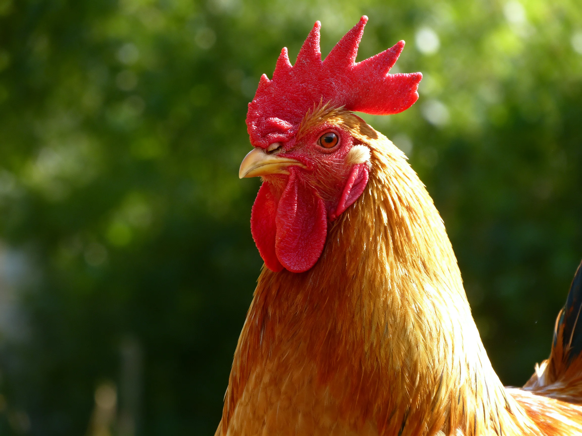 A rooster with a bright red comb stands out against a soft green, blurry background.