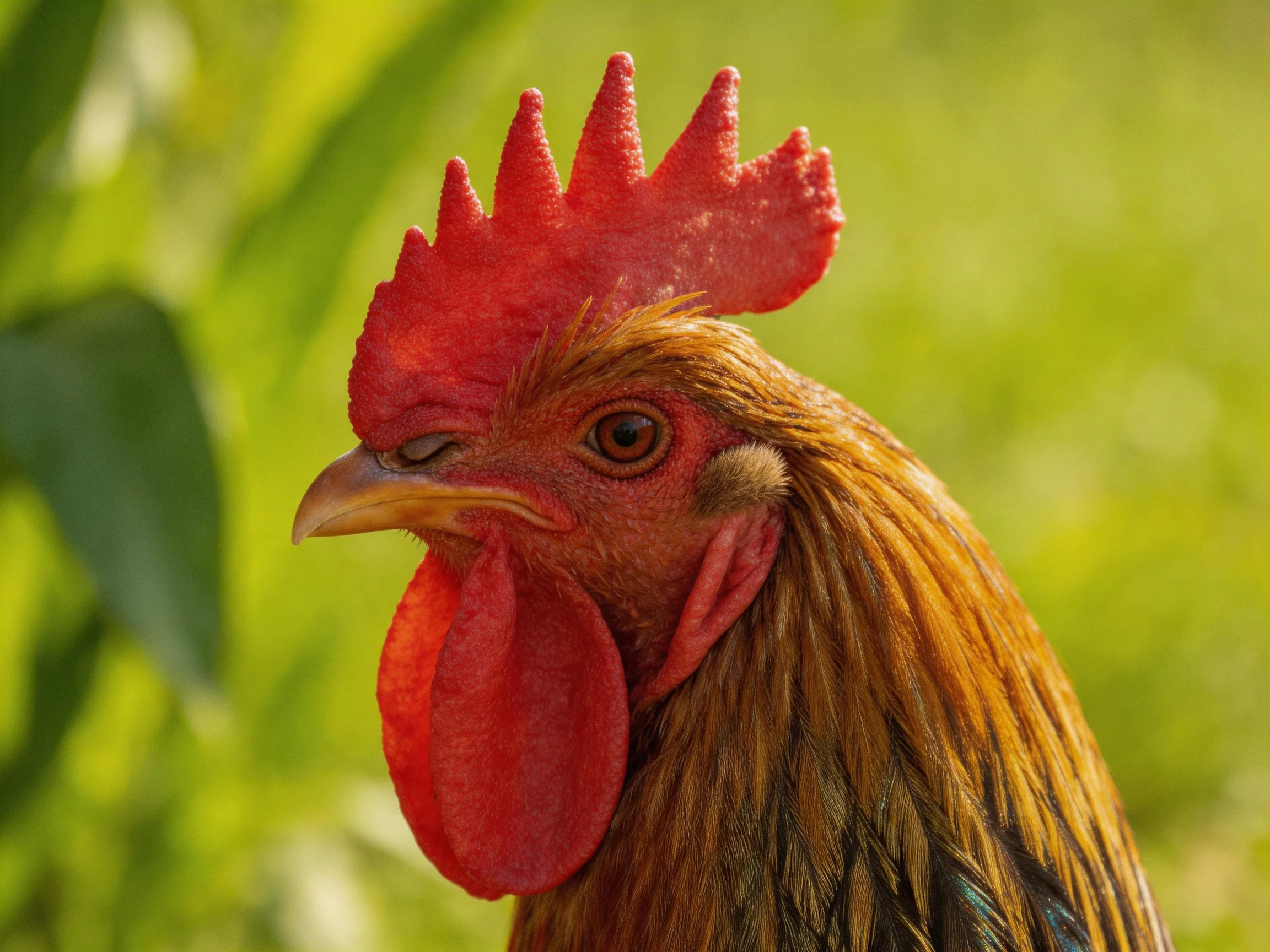 A rooster with a bright red comb and brown feathers stands out against a blurred green background.