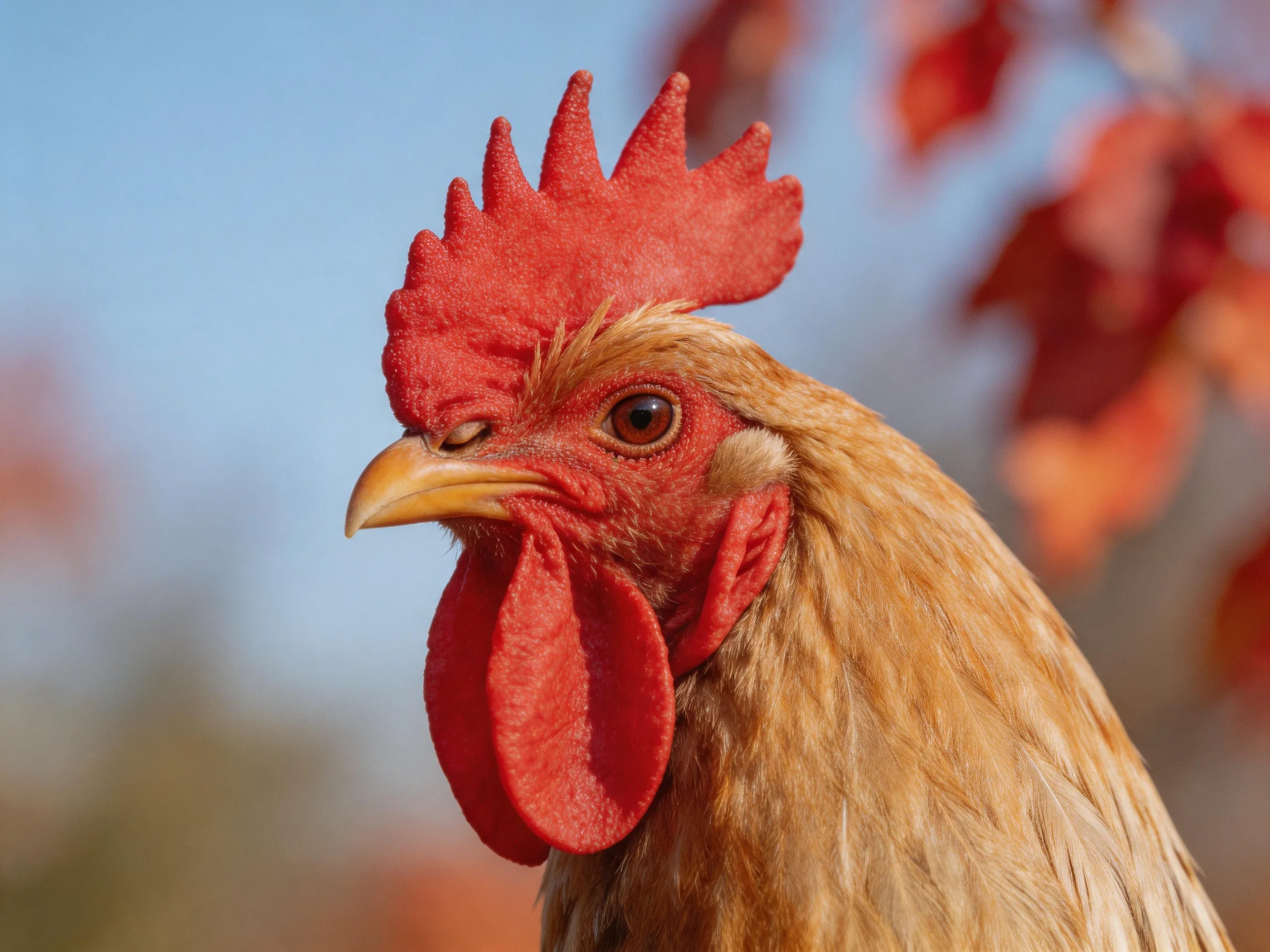 A rooster with vibrant red comb and golden-brown feathers amid autumn leaves