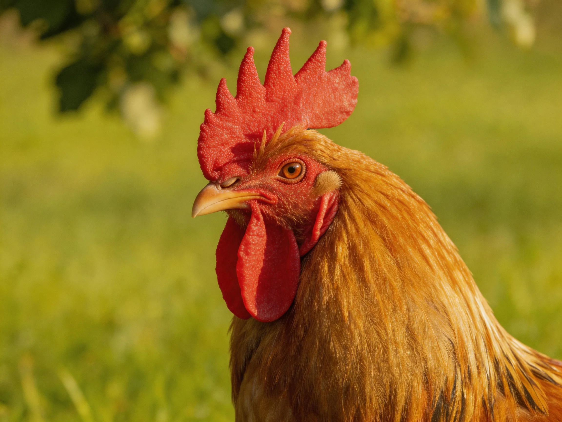 A rooster with a bright red comb and golden plumage is shown outdoors against a blurred green backdrop.