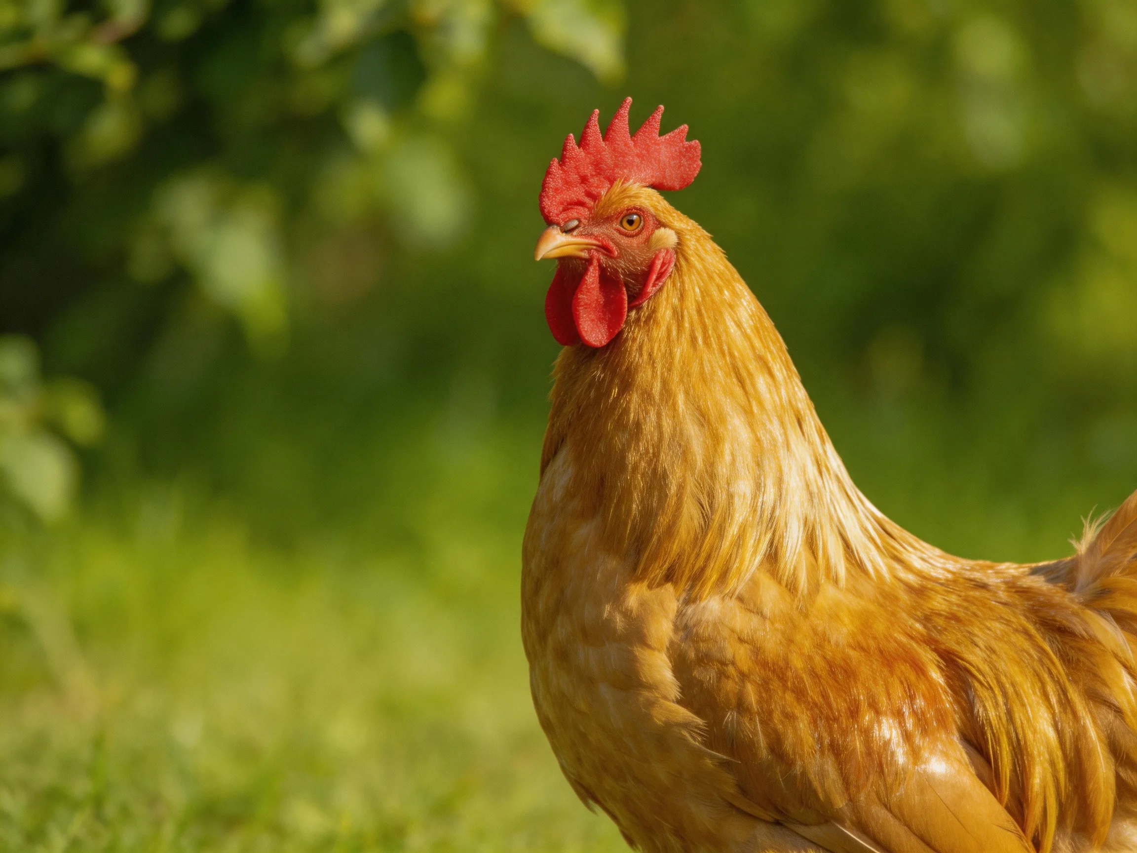 A rooster with a red comb stands among soft green foliage.