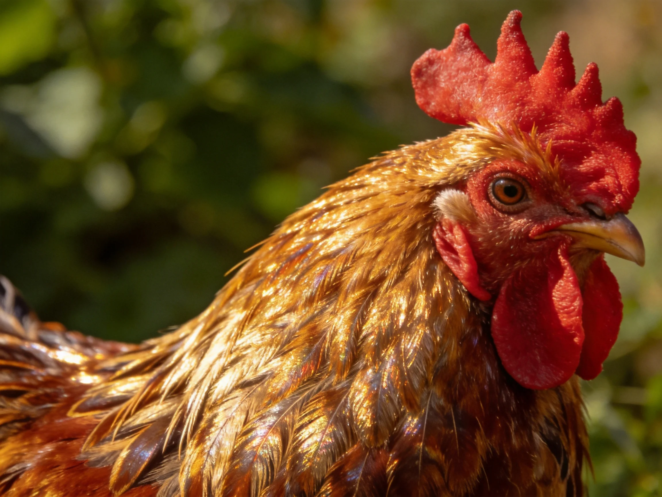 A rooster with vibrant red comb and golden-brown plumage