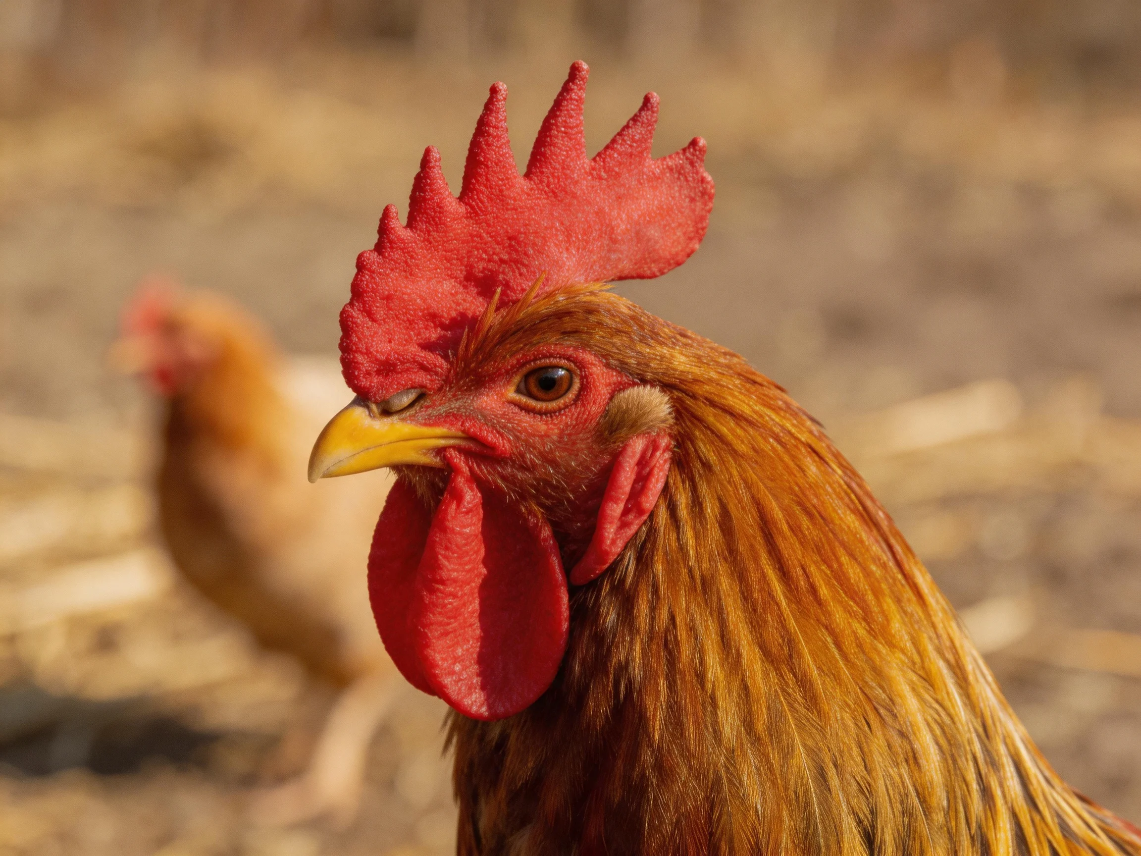 A rooster with a bright red comb is shown up close, with a hen visible in the background.