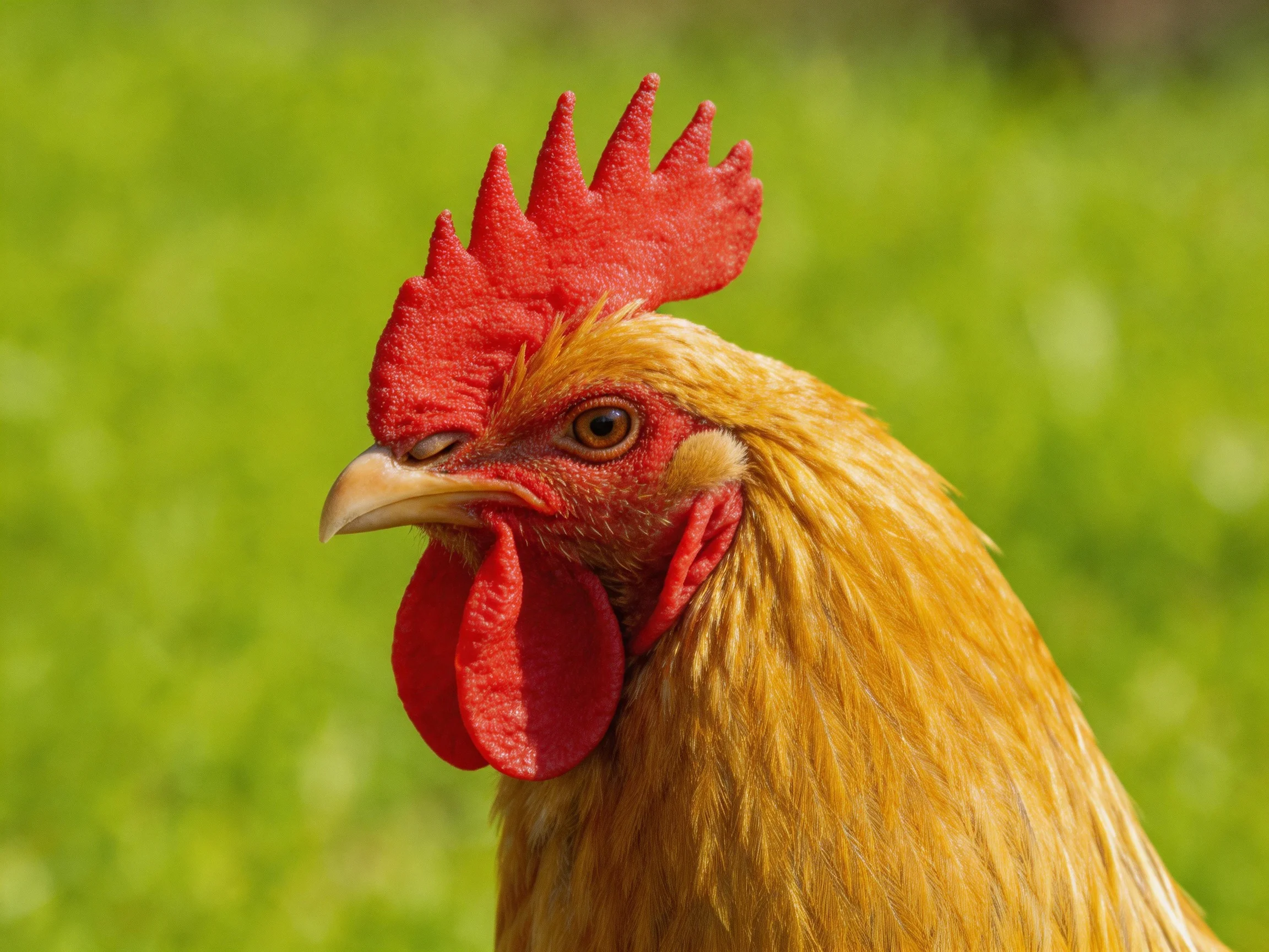 A rooster with a bright red comb is centered against a blurred green background.
