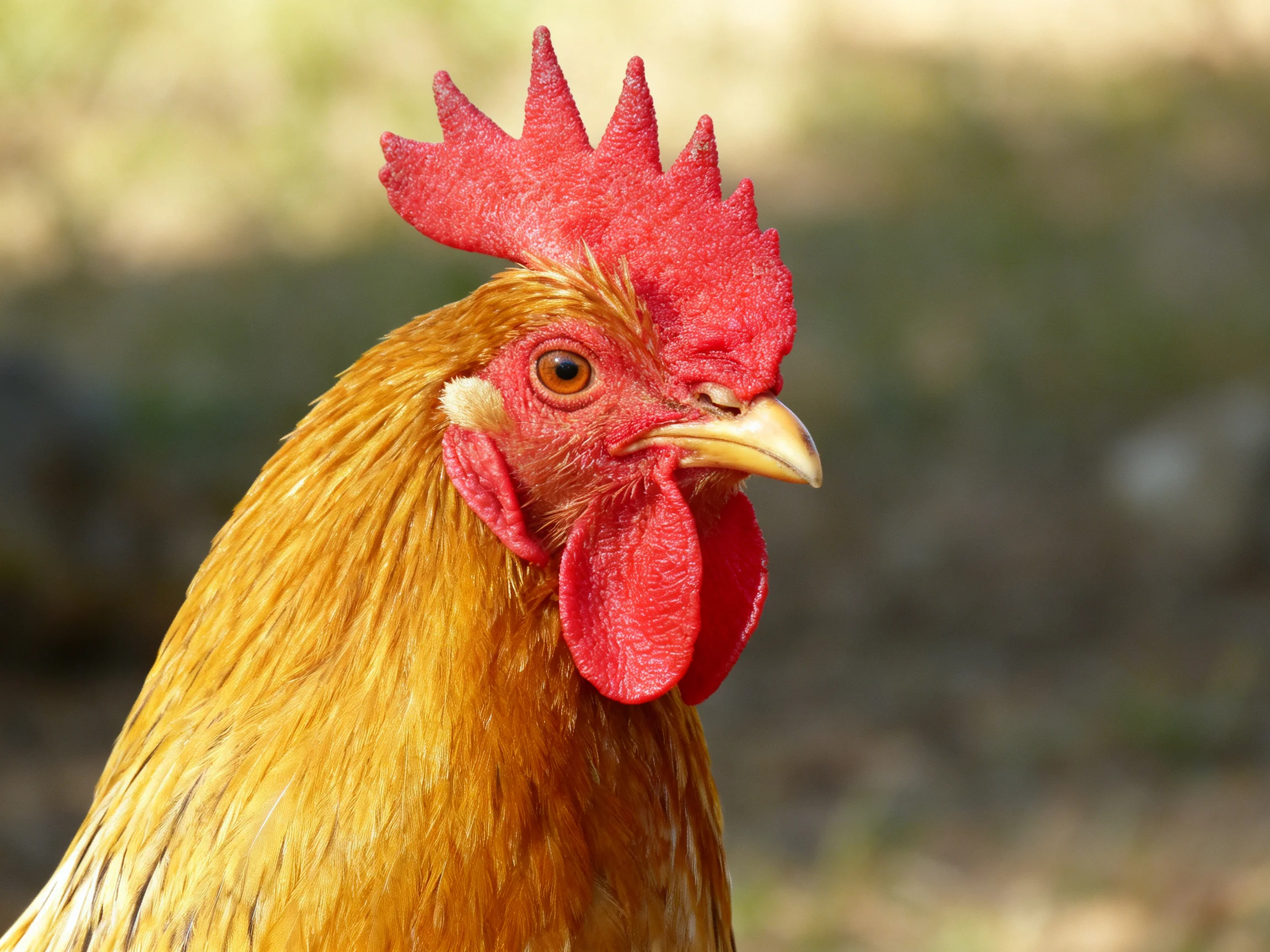 A rooster with a bright red comb is shown up close against a blurred outdoor backdrop.