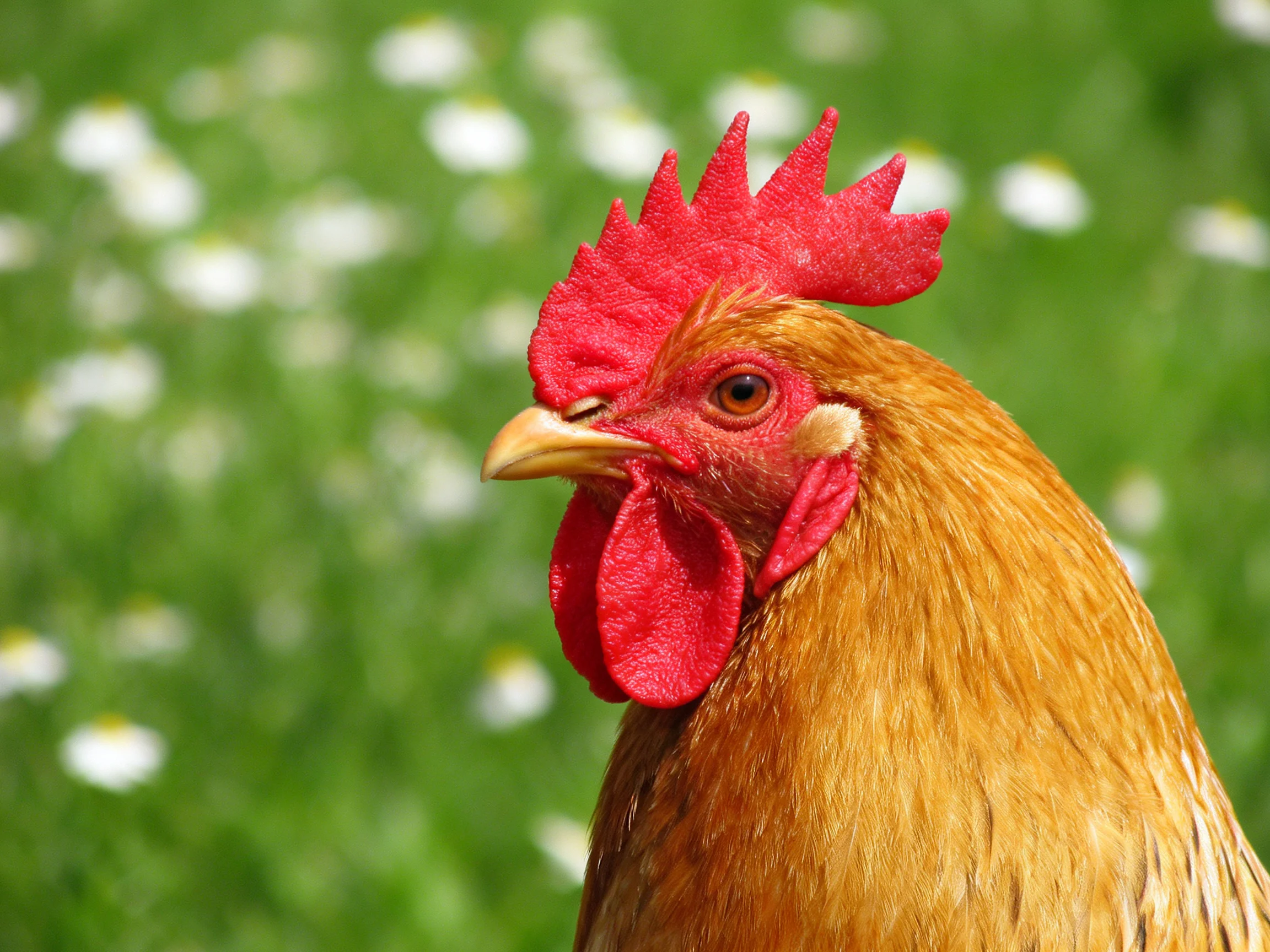 A rooster with vibrant red comb and golden feathers near a green meadow of white flowers