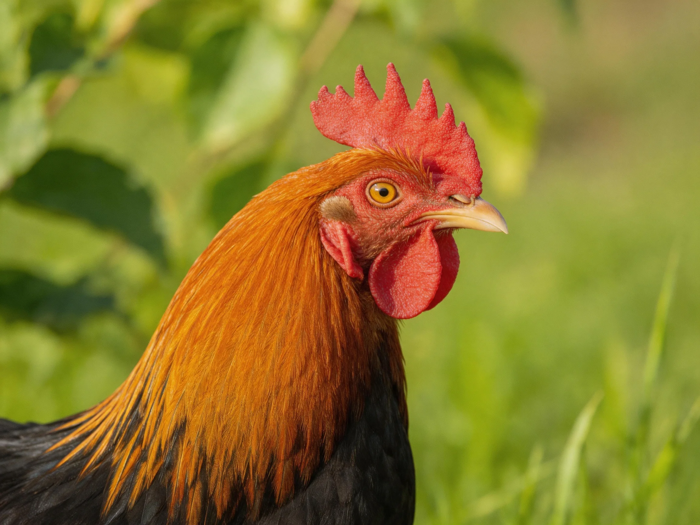 A rooster with vibrant red comb and golden-orange plumage in a lush green environment