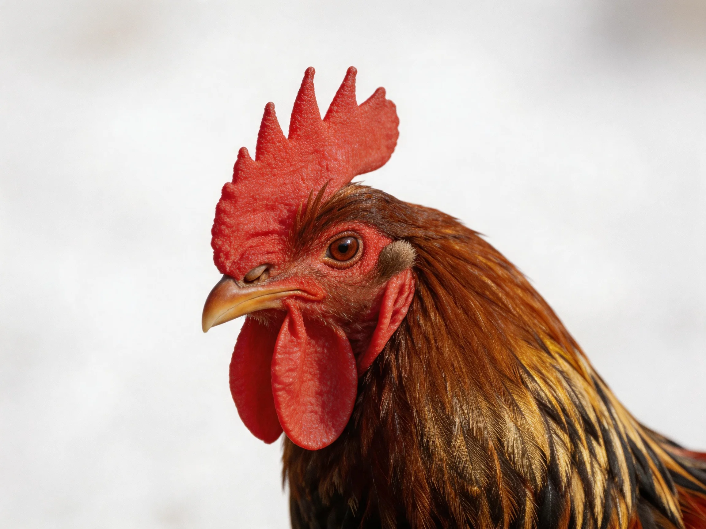 A rooster with a prominent red comb is shown in a close - up.