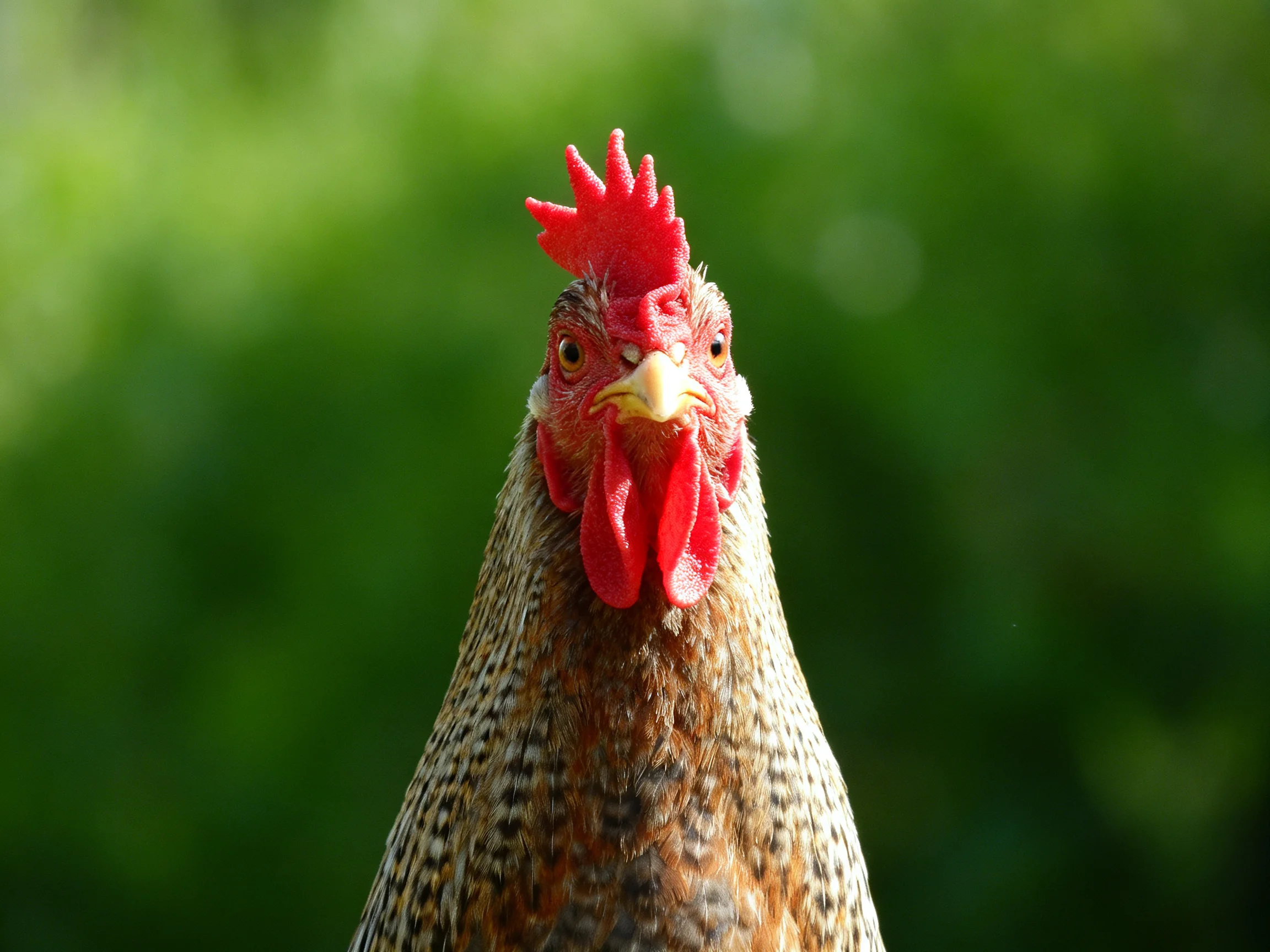 A close - up of a rooster with a bright red comb and speckled plumage set against a blurred green backdrop.