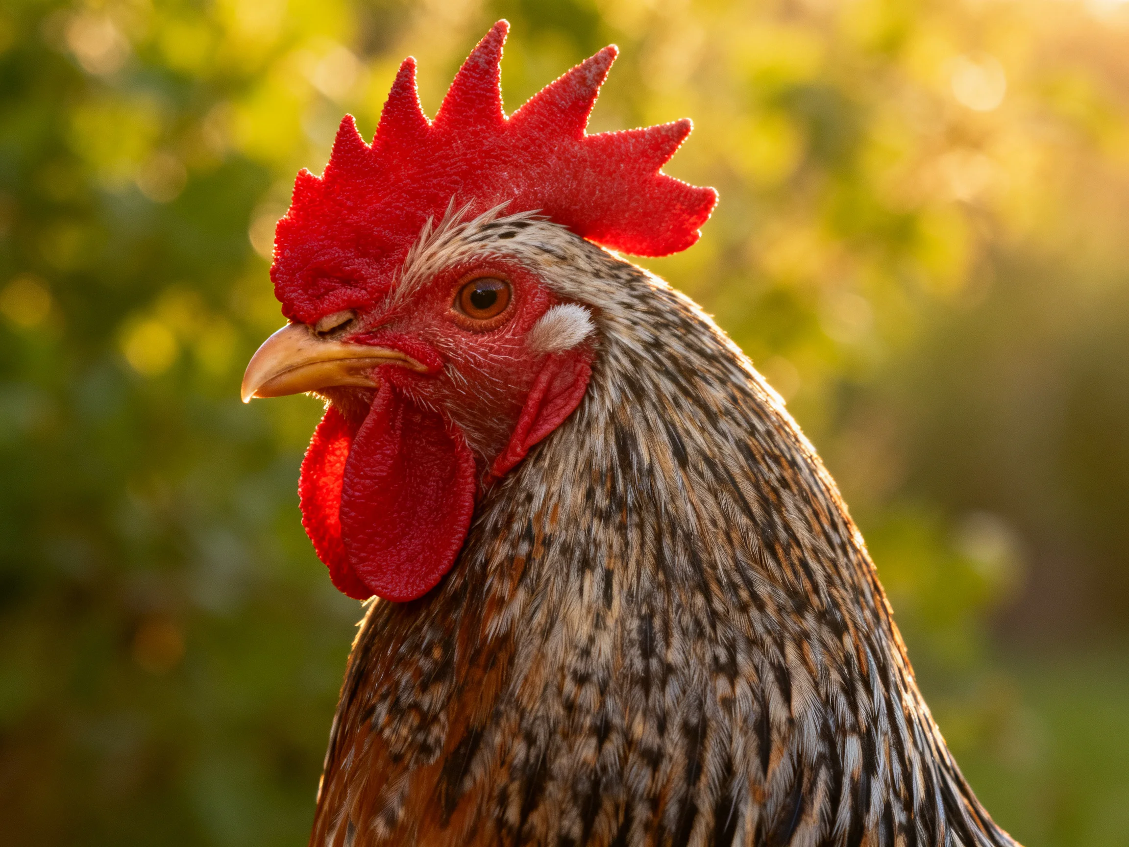 A rooster with a bright red comb stands before a blurred green backdrop.