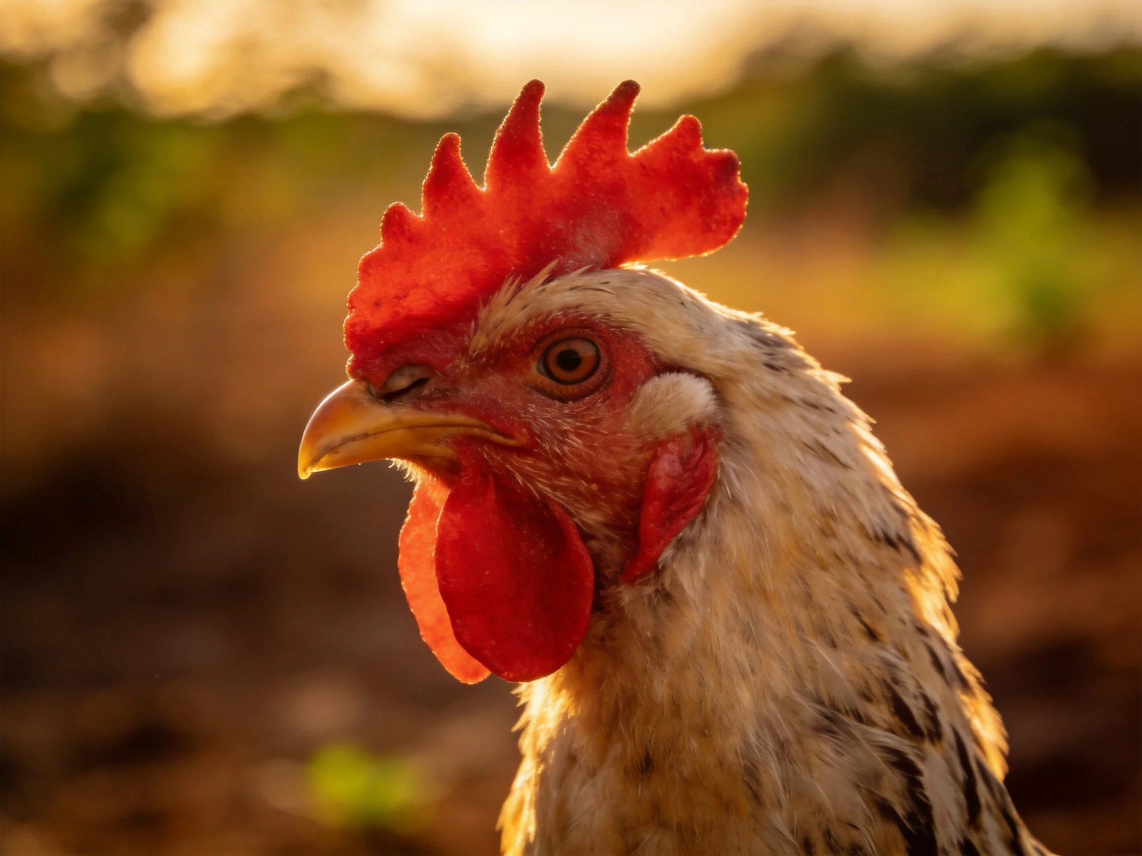 A rooster with vibrant red comb and speckled plumage in golden light