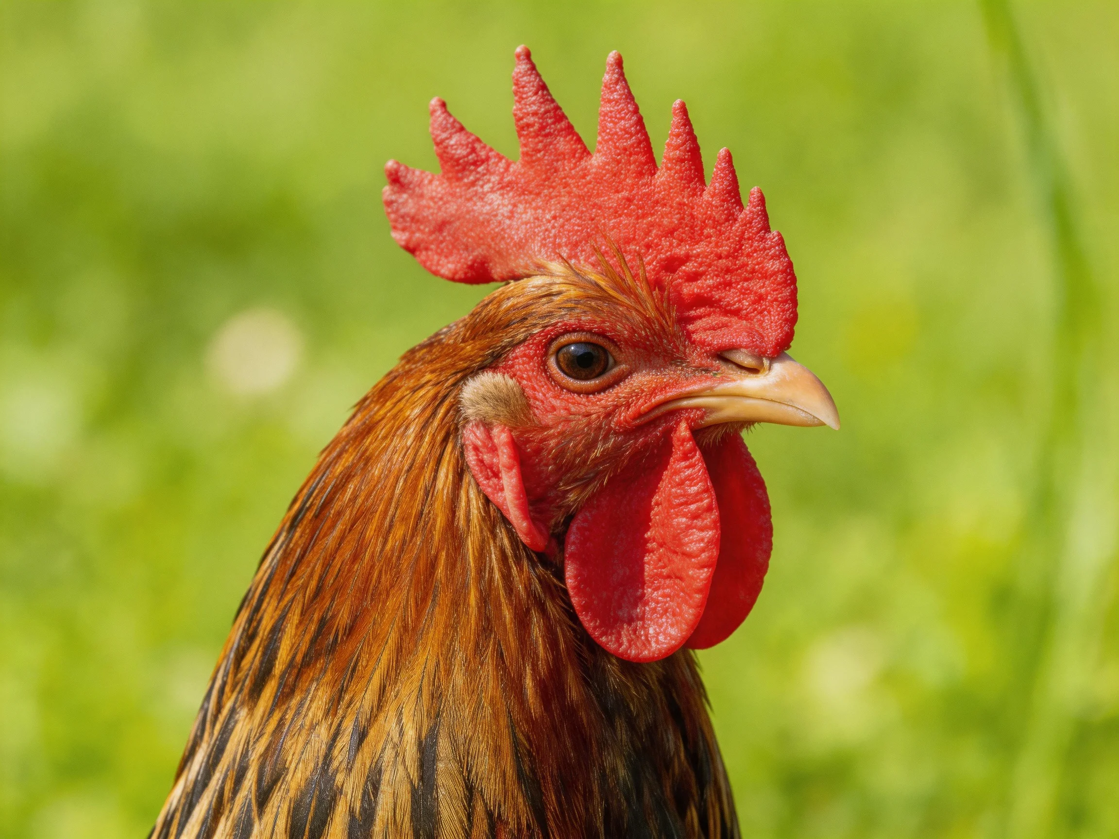 A rooster with vibrant red comb and wattles, brown striped feathers in a green outdoor setting