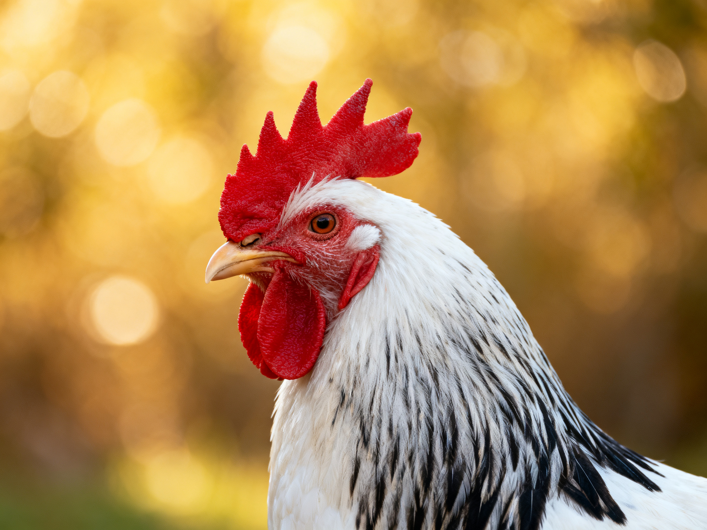 A rooster with vibrant red comb and white-black plumage