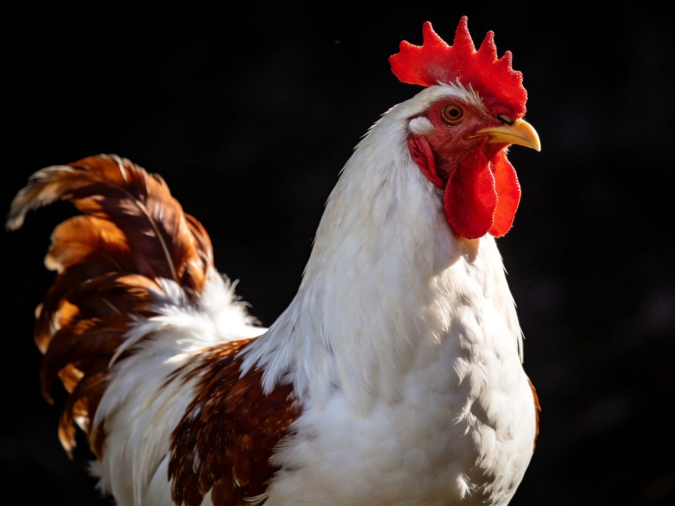 A rooster with vibrant red comb and white-brown plumage against a dark backdrop