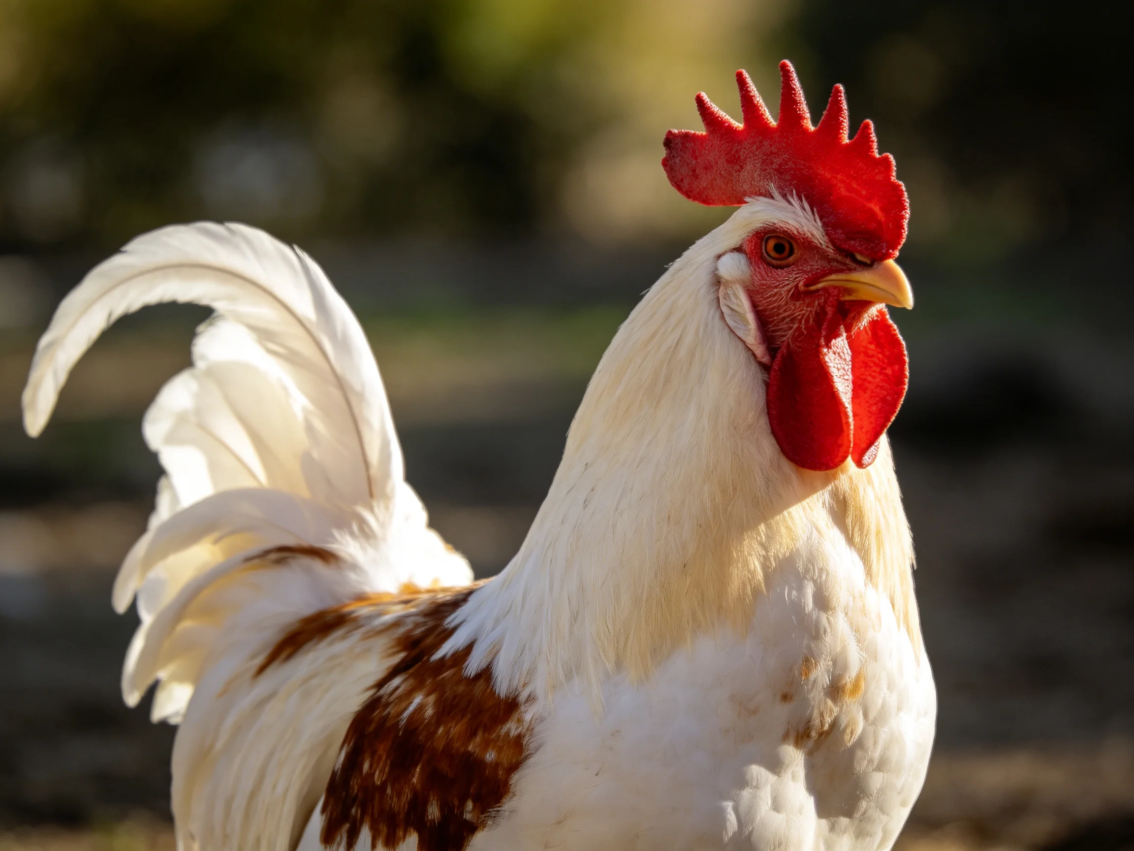 A rooster with a bright red comb stands outdoors.