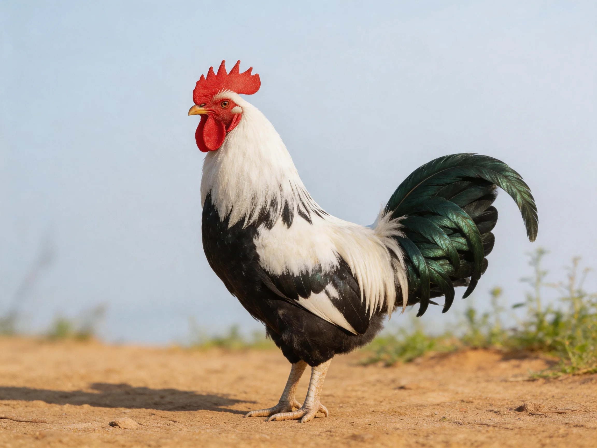 A rooster with vibrant red comb, black and white plumage, stands on sandy ground